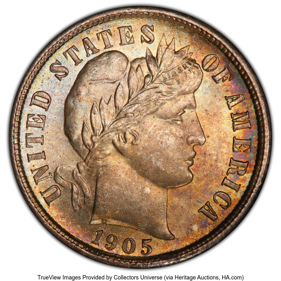 1905-S 10C MS66+ PCGS. PCGS Population: (9/3 and 3/1+). NGC Census: (2/1 and 0/0+). CDN: $1,200 Whsle. Bid for NGC/PCGS MS6...
