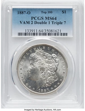 image for: 1887-O $1 VAM-2 Doubled 1, Tripled 7, MS64 PCGS. A Top 100 Variety. PCGS Population: (14/0). NGC Census: (7/0). CDN: $550 W...