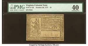 image for: Virginia October 20, 1777 $1 PMG Extremely Fine 40....