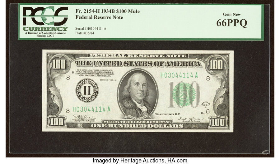 Fr. 2154-H $100 1934B Mule Federal Reserve Note. PCGS Gem New 66PPQ....