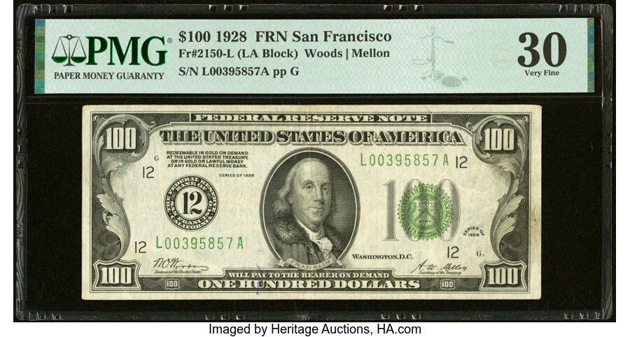 Fr. 2150-L $100 1928 Federal Reserve Note. PMG Very Fine 30....