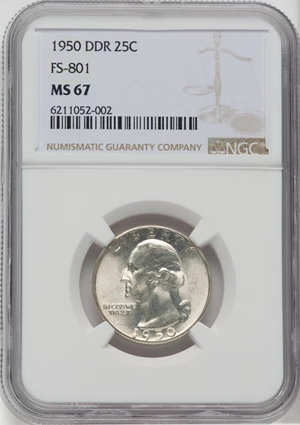 image for: 1950 25C Doubled Die Reverse, FS-801, MS67 NGC. NGC Census: (17/0). PCGS Population: (9/0). CDN: $400 Whsle. Bid for NGC/PC...