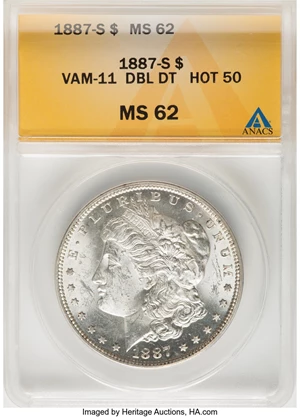 image for: 1887-S $1 Doubled Date, VAM-11, MS62 ANACS. A Hot 50 Variety. Mintage 1,771,000....