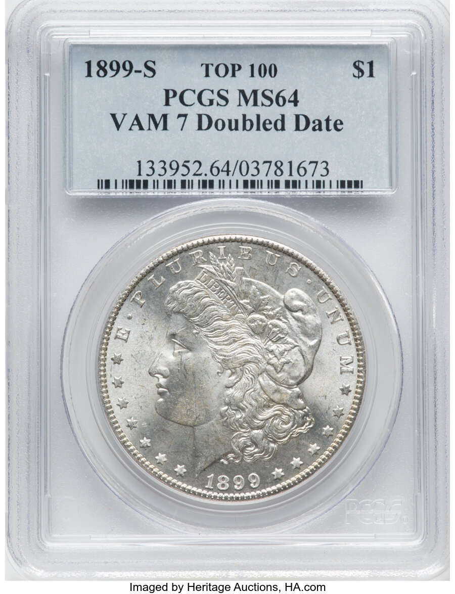 1899-S $1 Doubled Date, VAM-7, MS64 PCGS. A Top 100 Variety. PCGS Population: (30/19). NGC Census: (13/3). CDN: $1,075 Whsl...