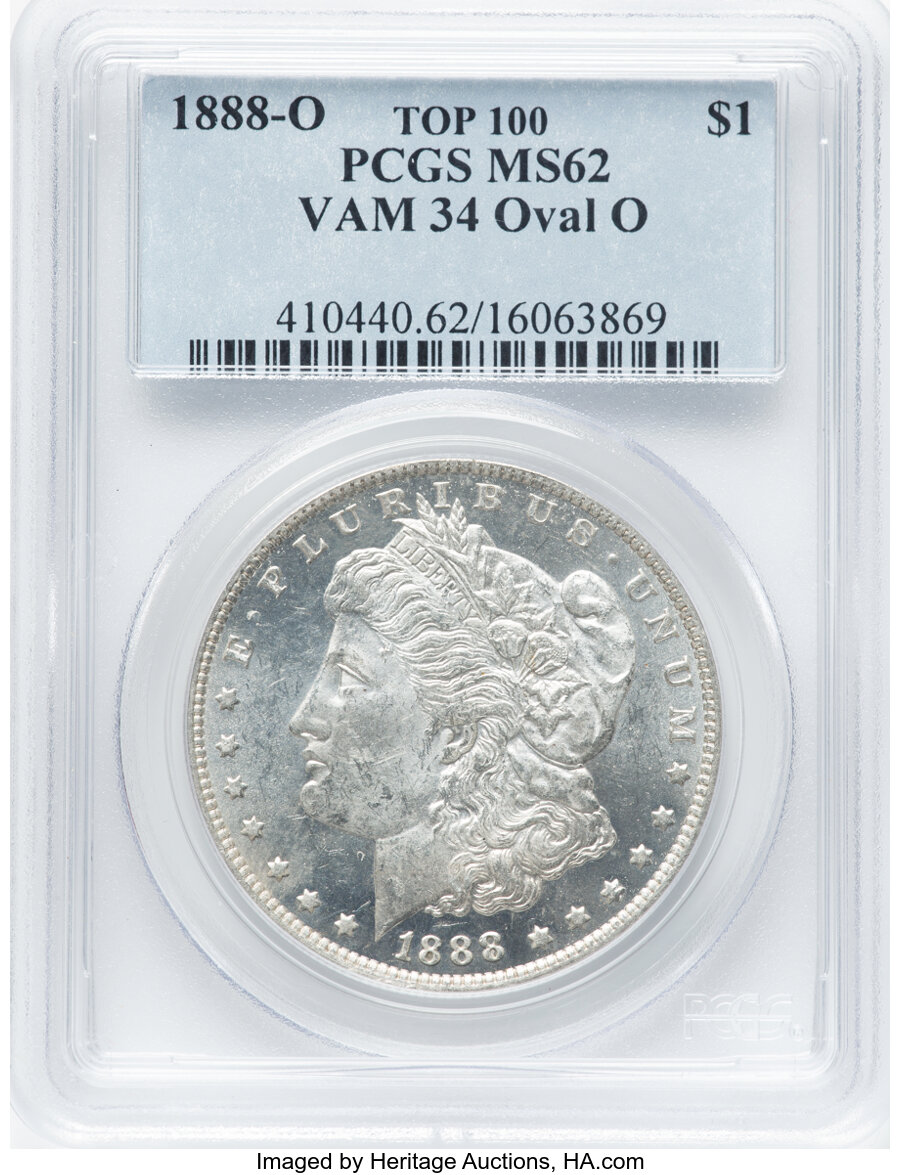 image for: 1888-O $1 Oval-O, VAM-34, MS62 PCGS. A Top 100 Variety. PCGS Population: (3/4). NGC Census: (0/0). MS62. Mintage 12,150,000...