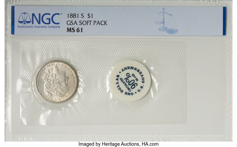 1881-S $1 GSA Soft Pack, MS61 NGC. Blue Envelope Included. NGC Census: (3/164). PCGS Population: (2/10). CDN: $300 Whsle. ...