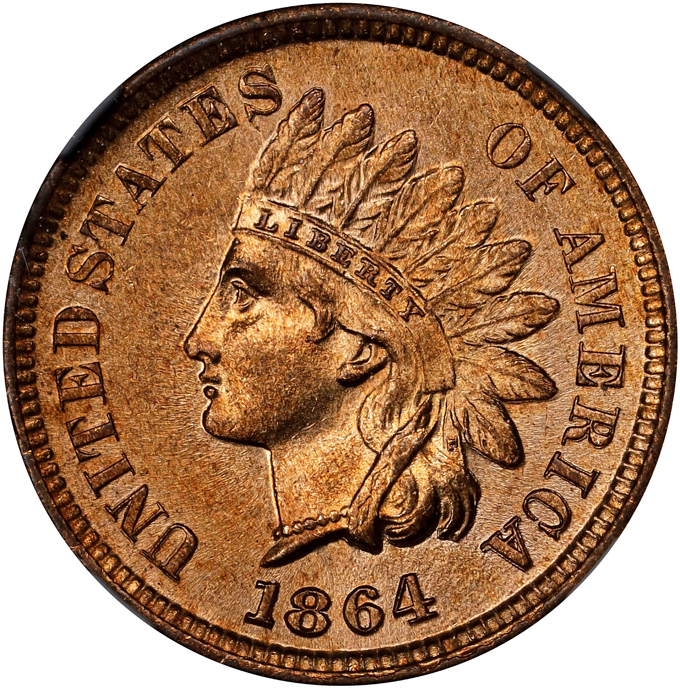 1864 Indian Cent. Bonze. L on Ribbon. MS-66+ RD (NGC). CAC.