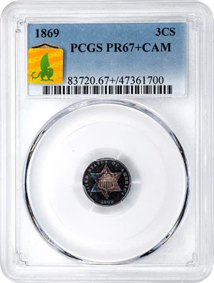 image for: 1869 Silver Three-Cent Piece. Proof-67+ Cameo (PCGS). CMQ-X.