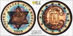 image for: 1869 Silver Three-Cent Piece. Proof-67+ Cameo (PCGS). CMQ-X.