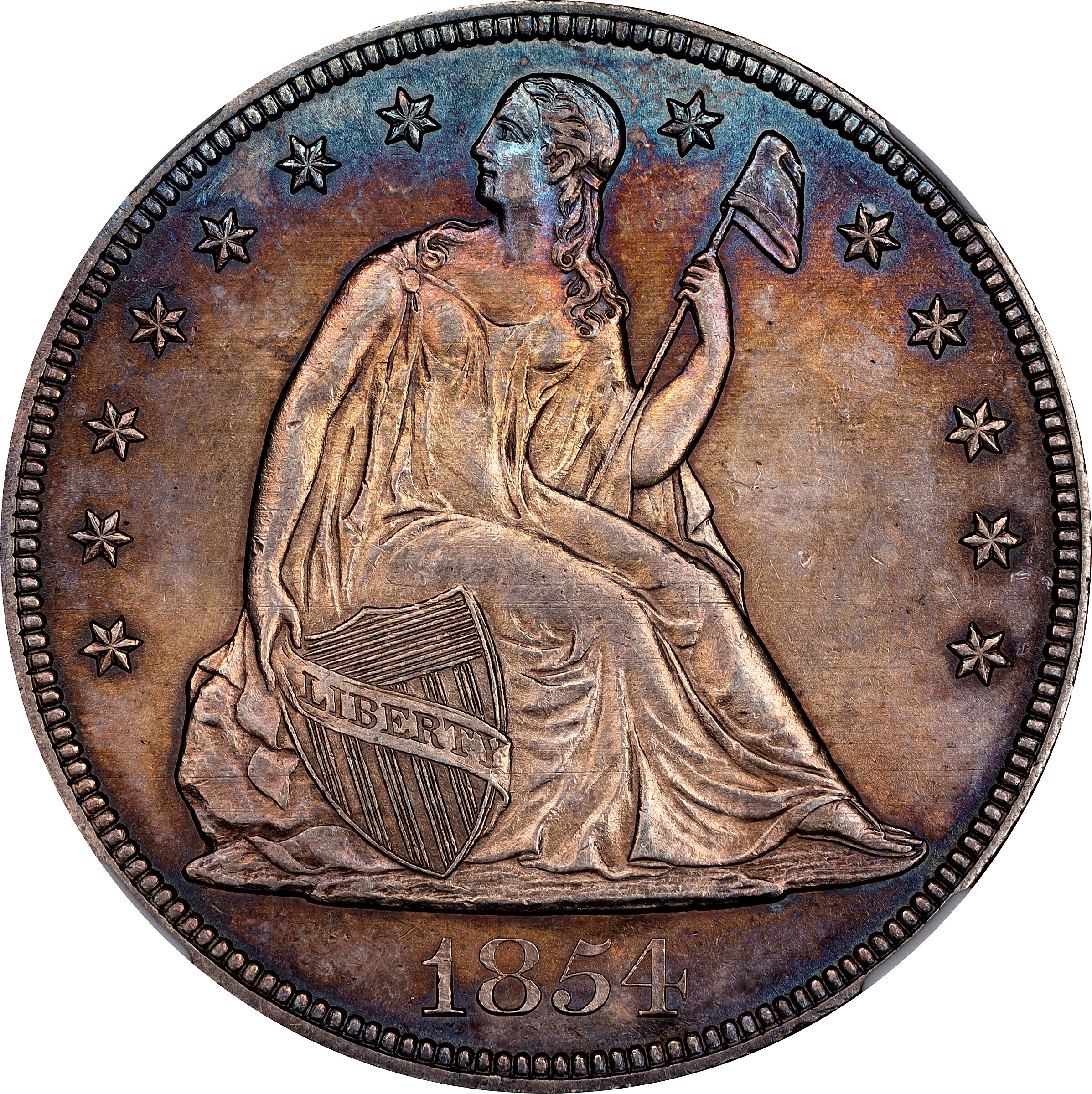 1854 Liberty Seated Silver Dollar. OC-1. Rarity-3+. Repunched Date. MS-62 (NGC).