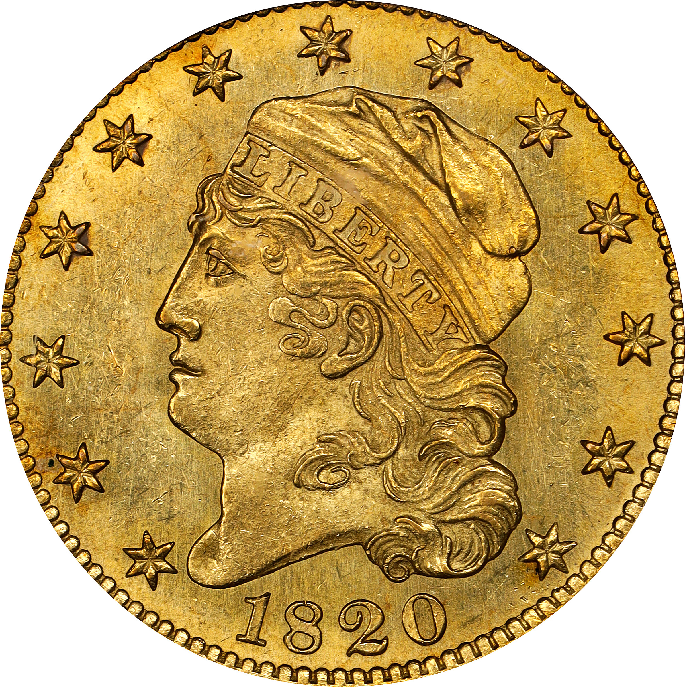 1820 Capped Head Left Half Eagle. BD-8. Rarity-7+. Curved-Base 2, Small Letters. MS-64 (PCGS). CAC. CMQ.