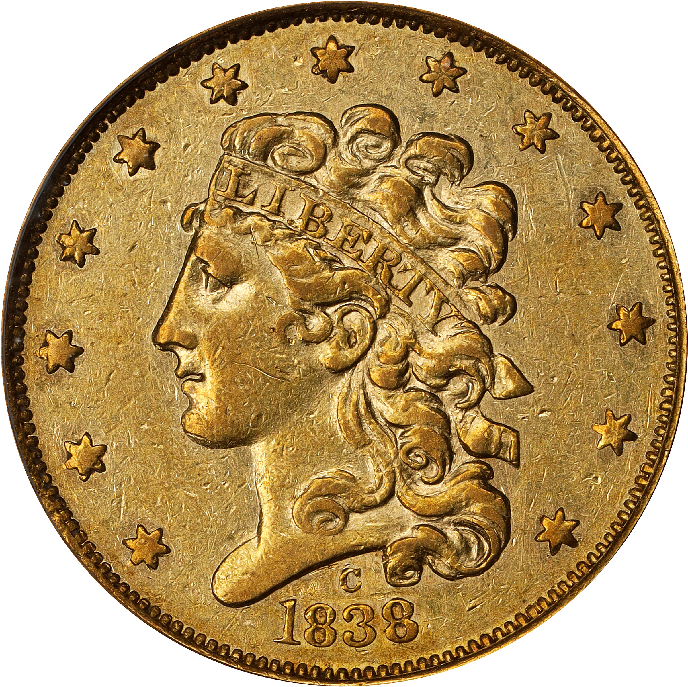 1838-C Classic Head Half Eagle. HM-1, Winter-1. Rarity-4+. AU-50 (PCGS).