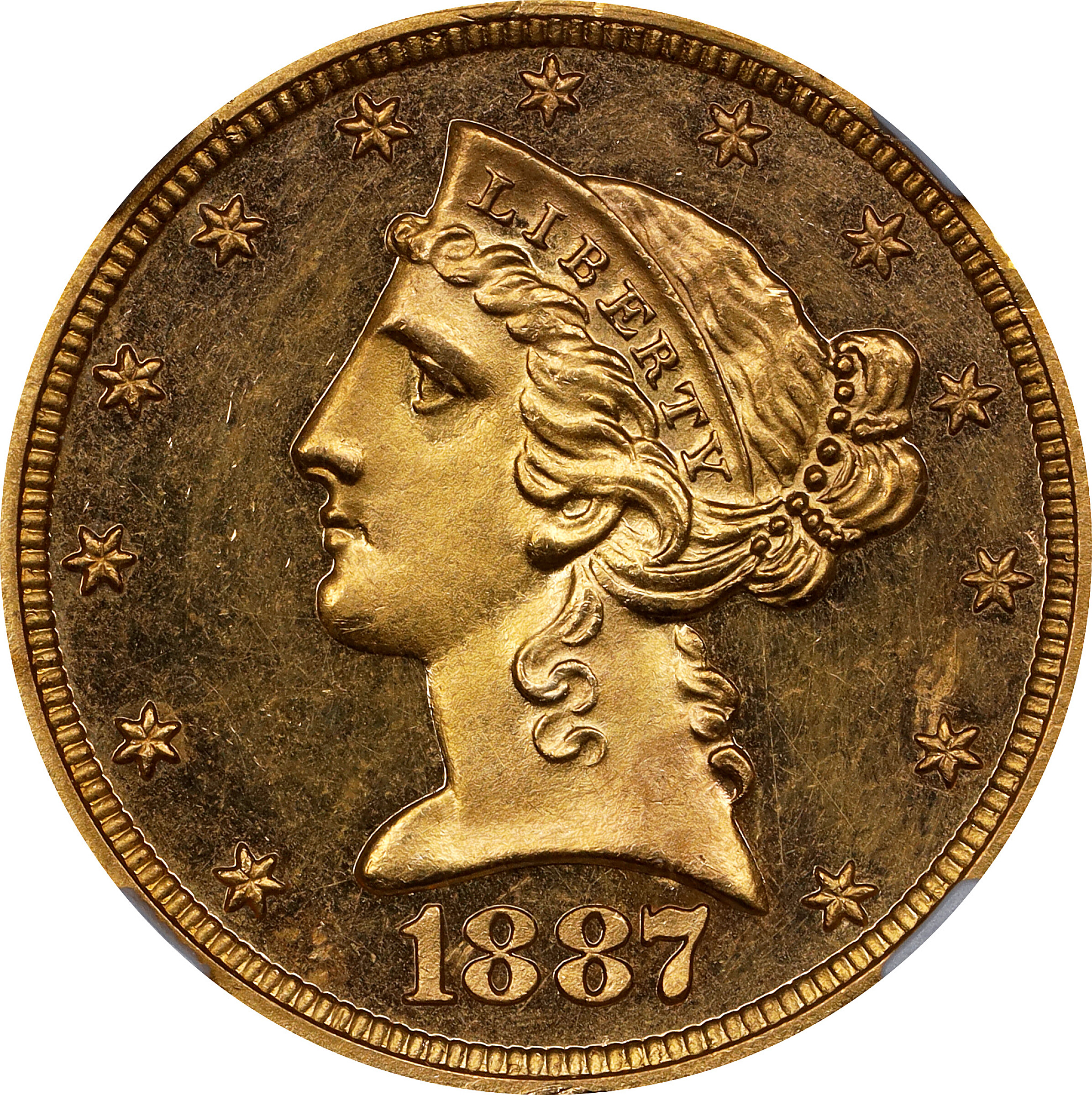 1887 Liberty Head Half Eagle. JD-1, the only known dies. Rarity-5. Proof-64 Cameo (NGC).