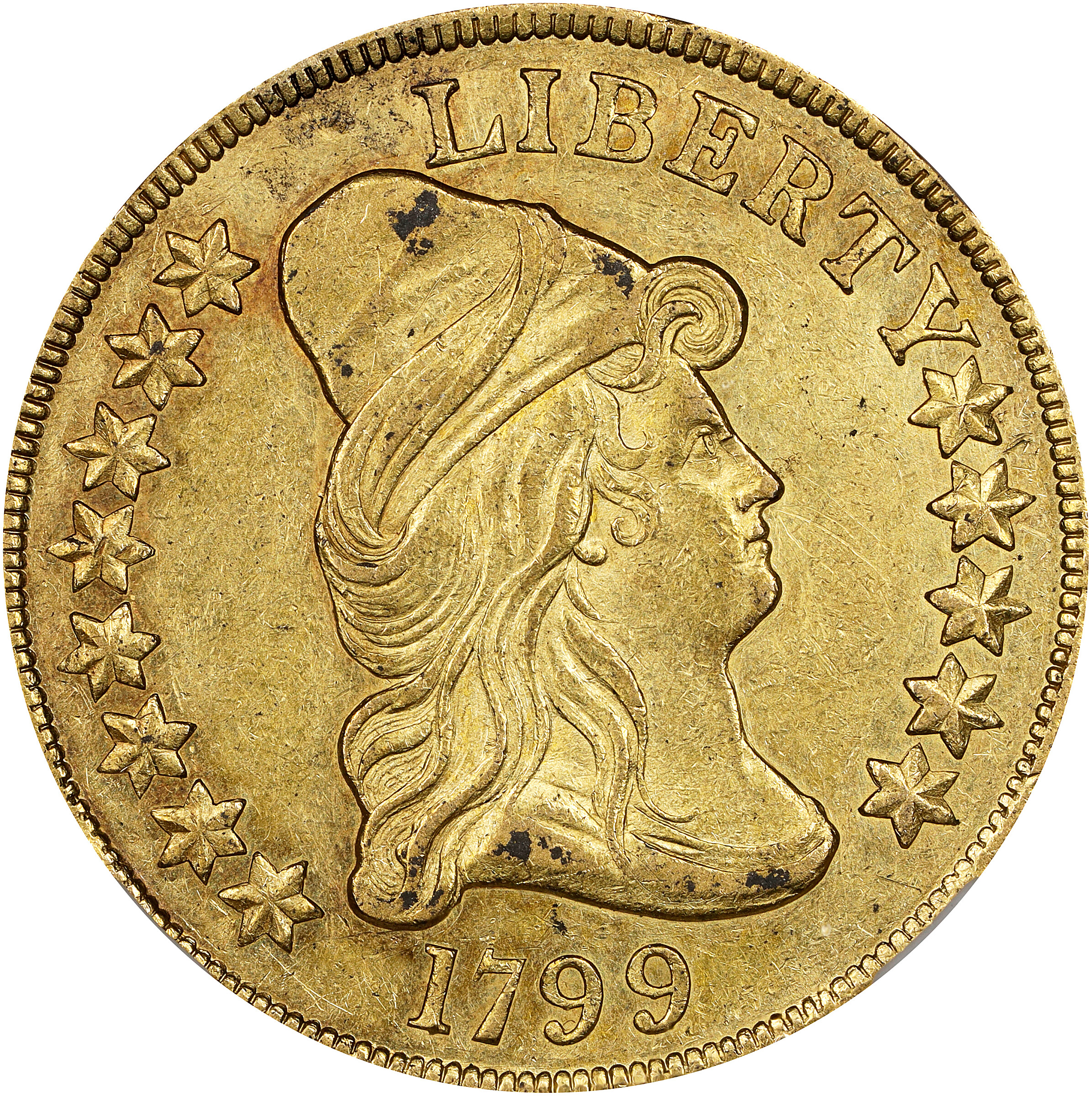 1799 Capped Bust Right Eagle. BD-10, Taraszka-22. Rarity-3. Large Obverse Stars. AU-53 (NGC). CMQ.
