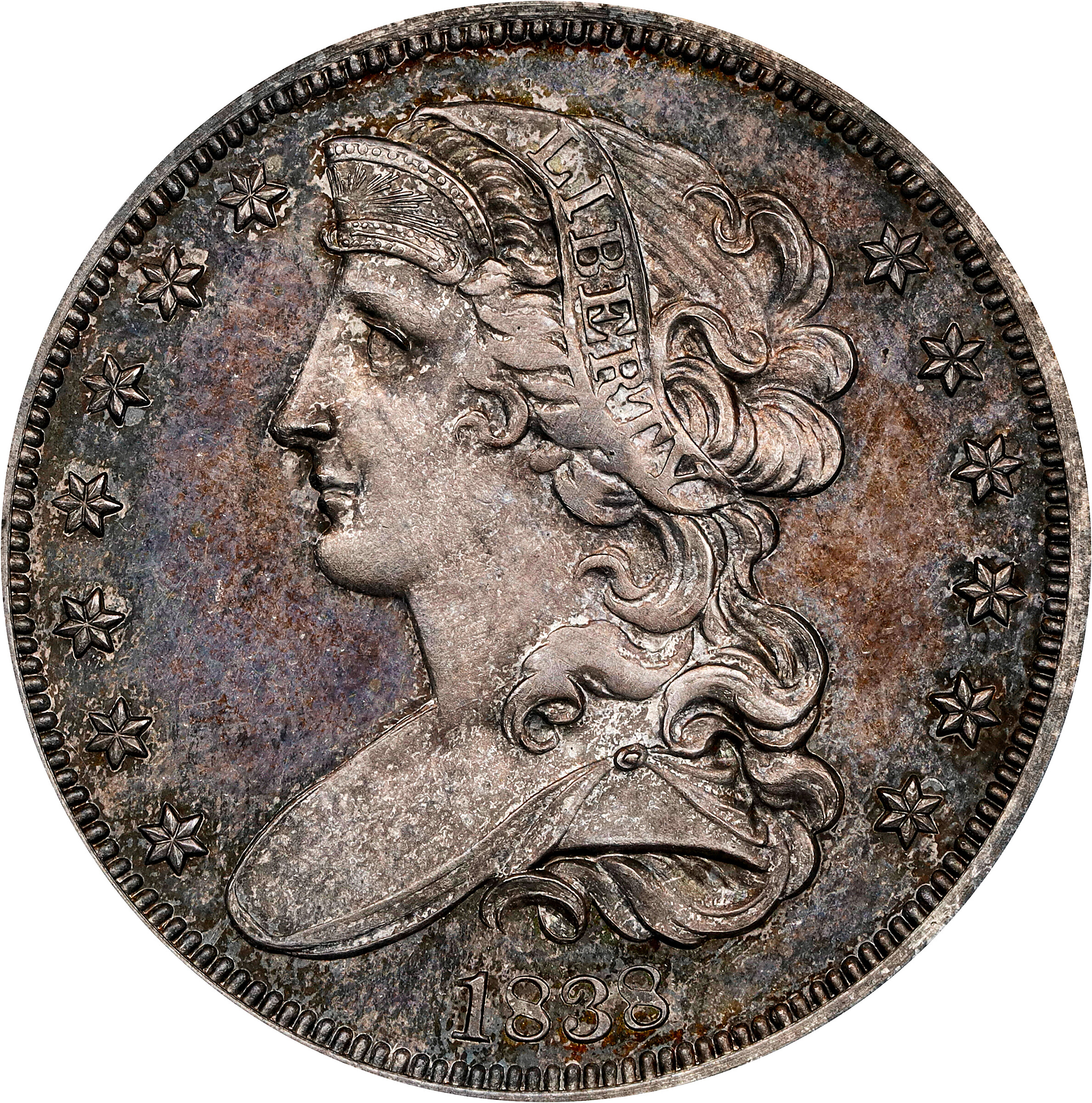 1838 Pattern Half Dollar. Judd-73 Restrike, Pollock-77. Rarity-5. Silver. Reeded Edge. Proof-65 (PCGS). CAC.