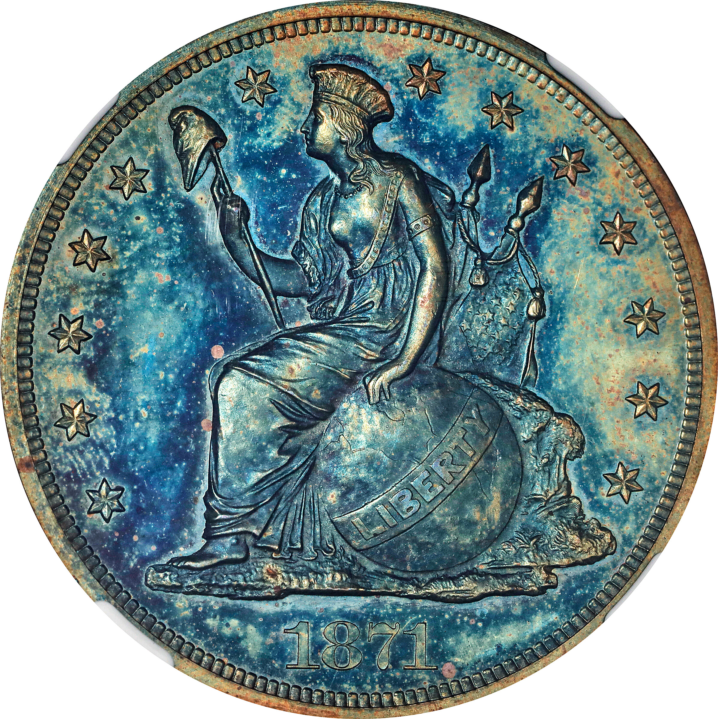 1871 Pattern Dollar. Judd-1148, Pollock-1290. Rarity-7-. Copper. Plain Edge. Proof-65 RB (NGC). CMQ.