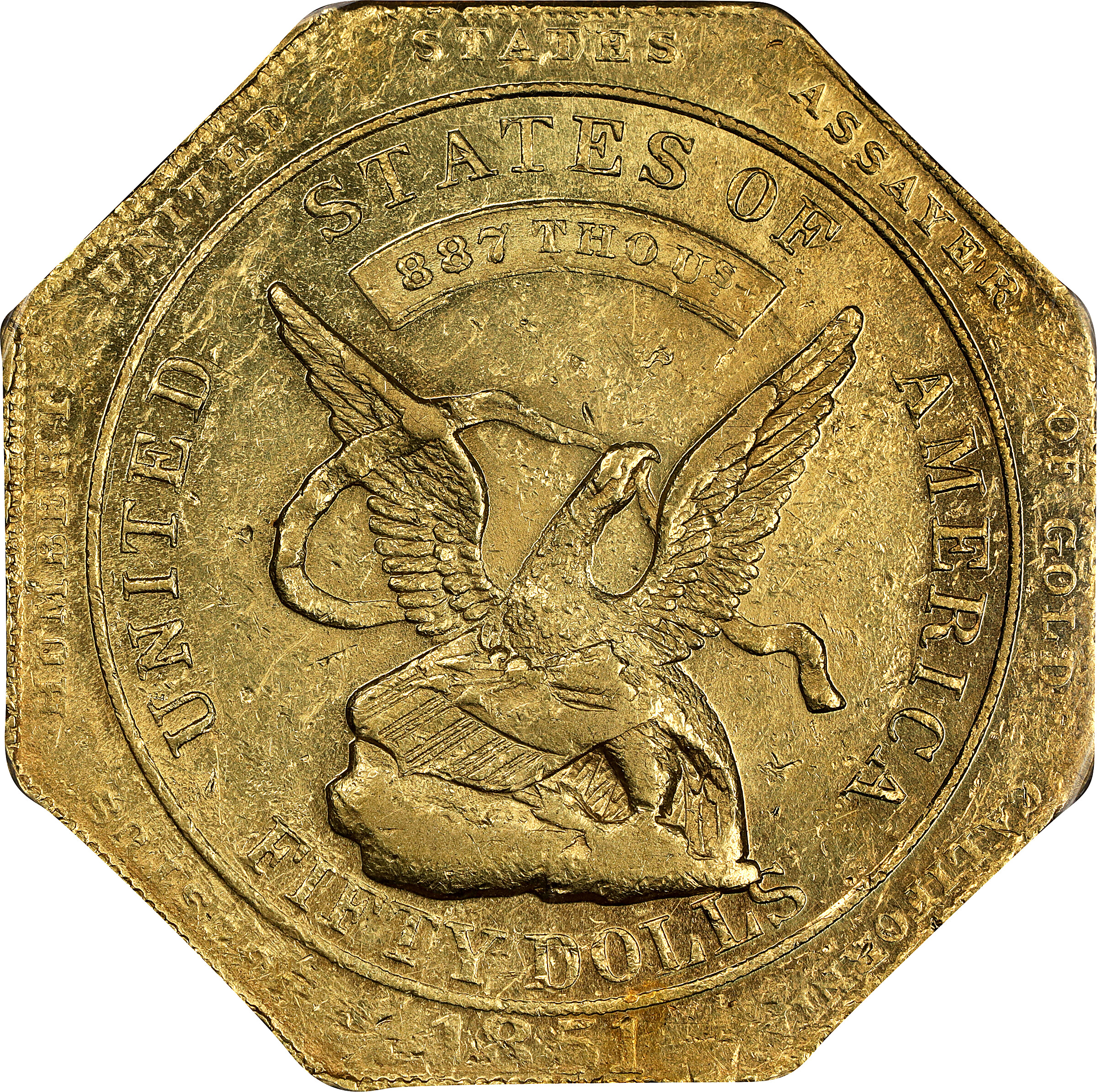 1851 Augustus Humbert $50. Reeded Edge. K-6. Rarity-4. 887 THOUS., Target Reverse. MS-62 (PCGS). CMQ.