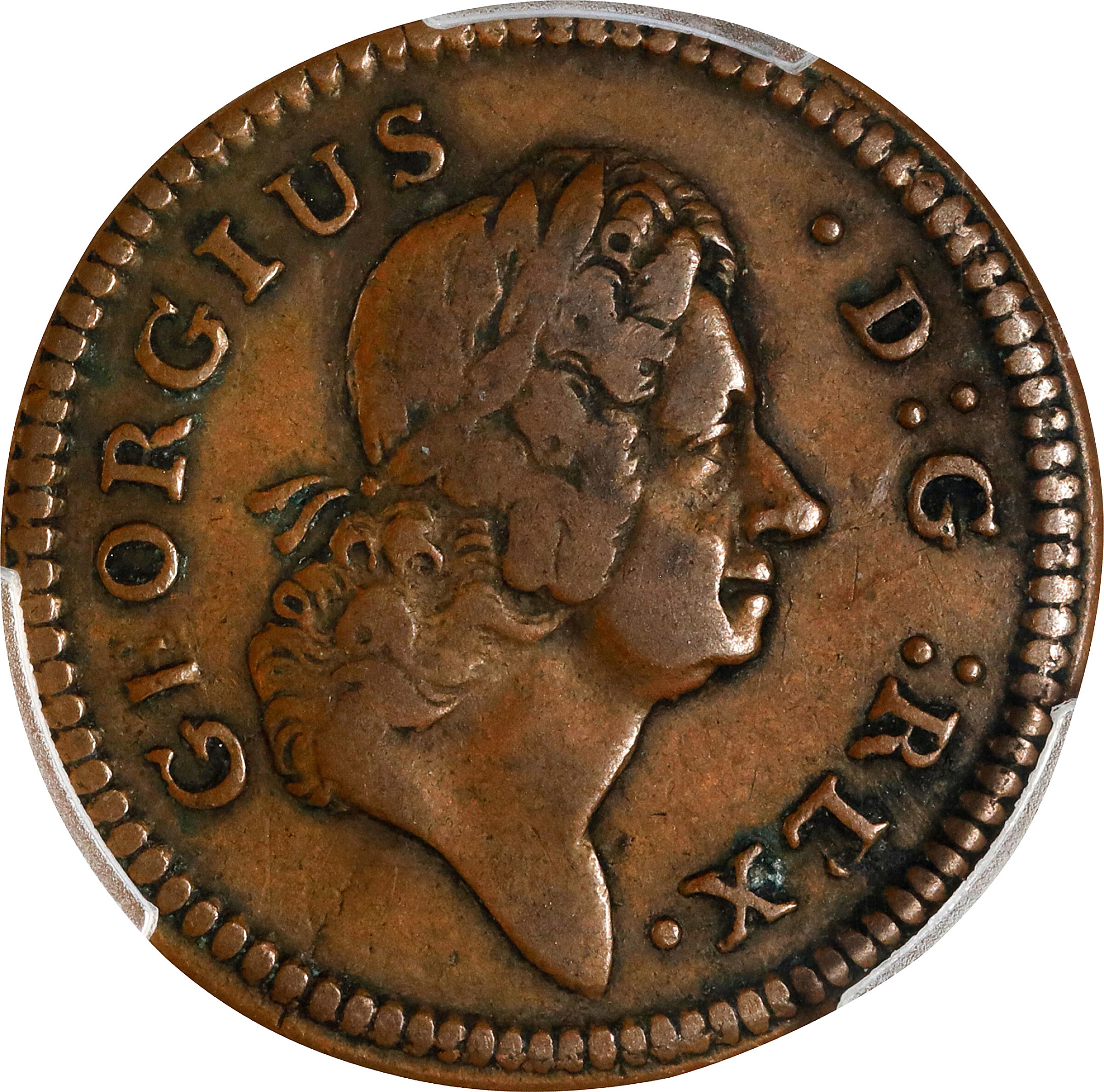 1722 Wood's Hibernia Farthing. Martin 1.1-A.1, W-12200. Rarity-5. D: G: REX. VF-25 (PCGS).