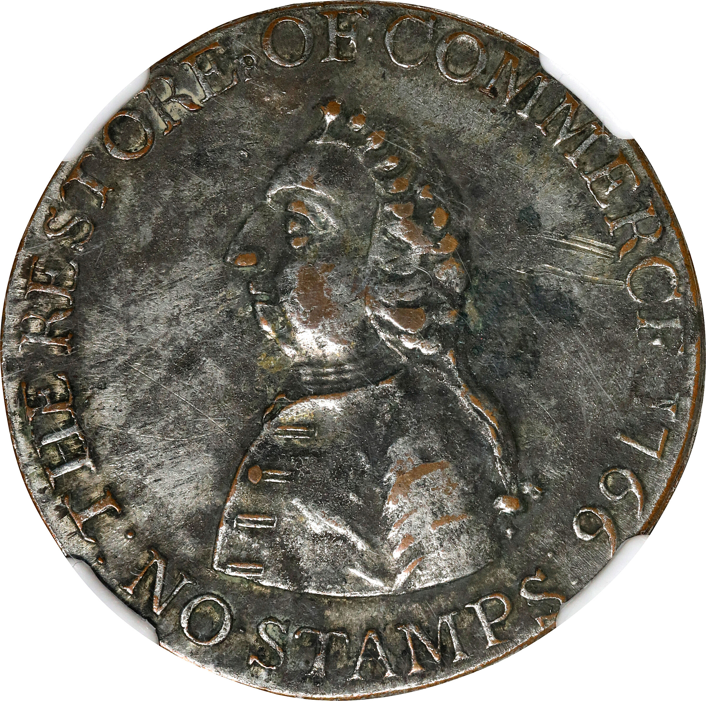 1766 Pitt Halfpenny Token. Betts-519, W-8350. Rarity-3. Silvered. AU Details--Environmental Damage (NGC).