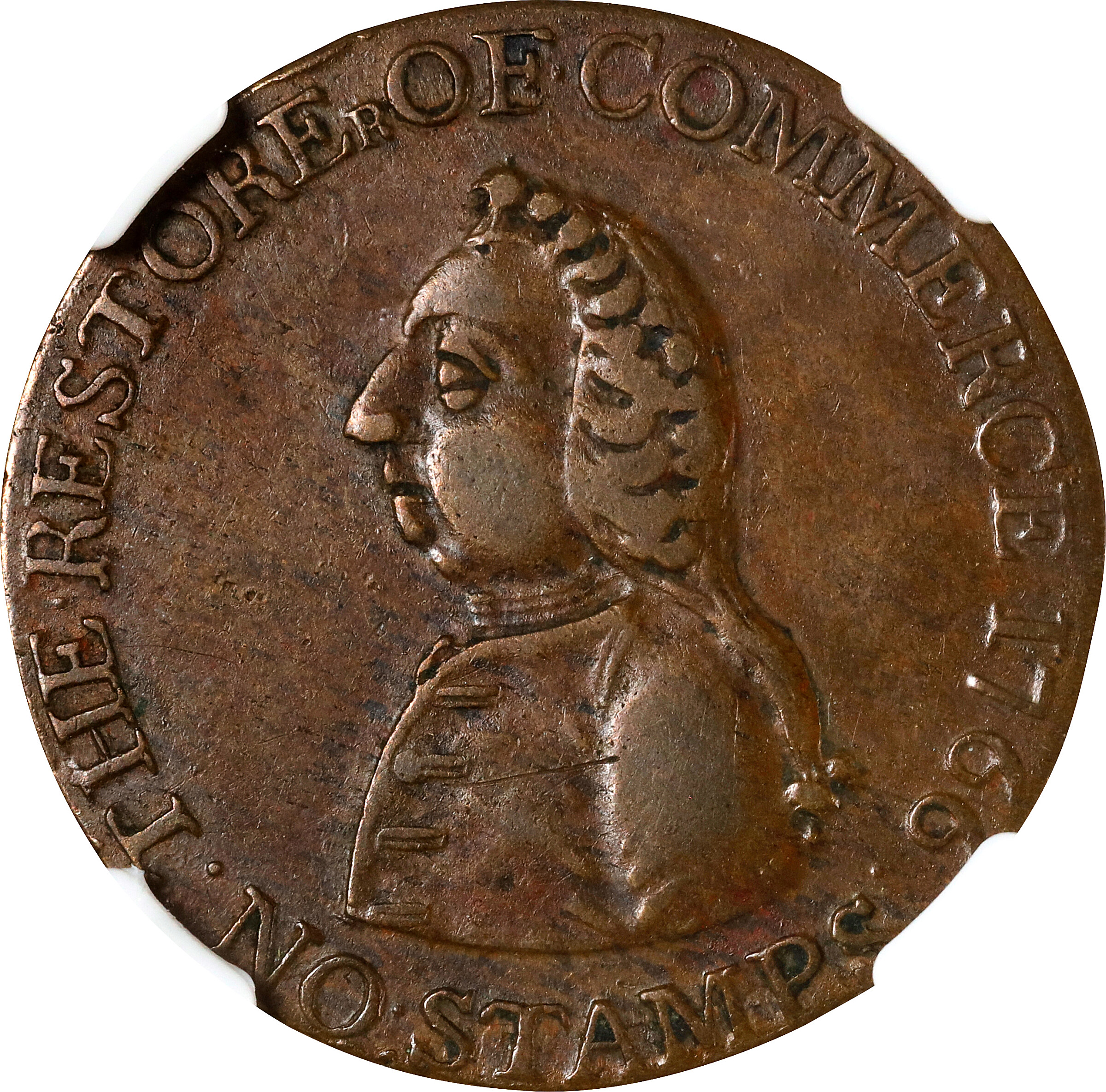 1766 Pitt Halfpenny Token. Betts-519, W-8350. Rarity-3. Copper. EF-45 BN (NGC).