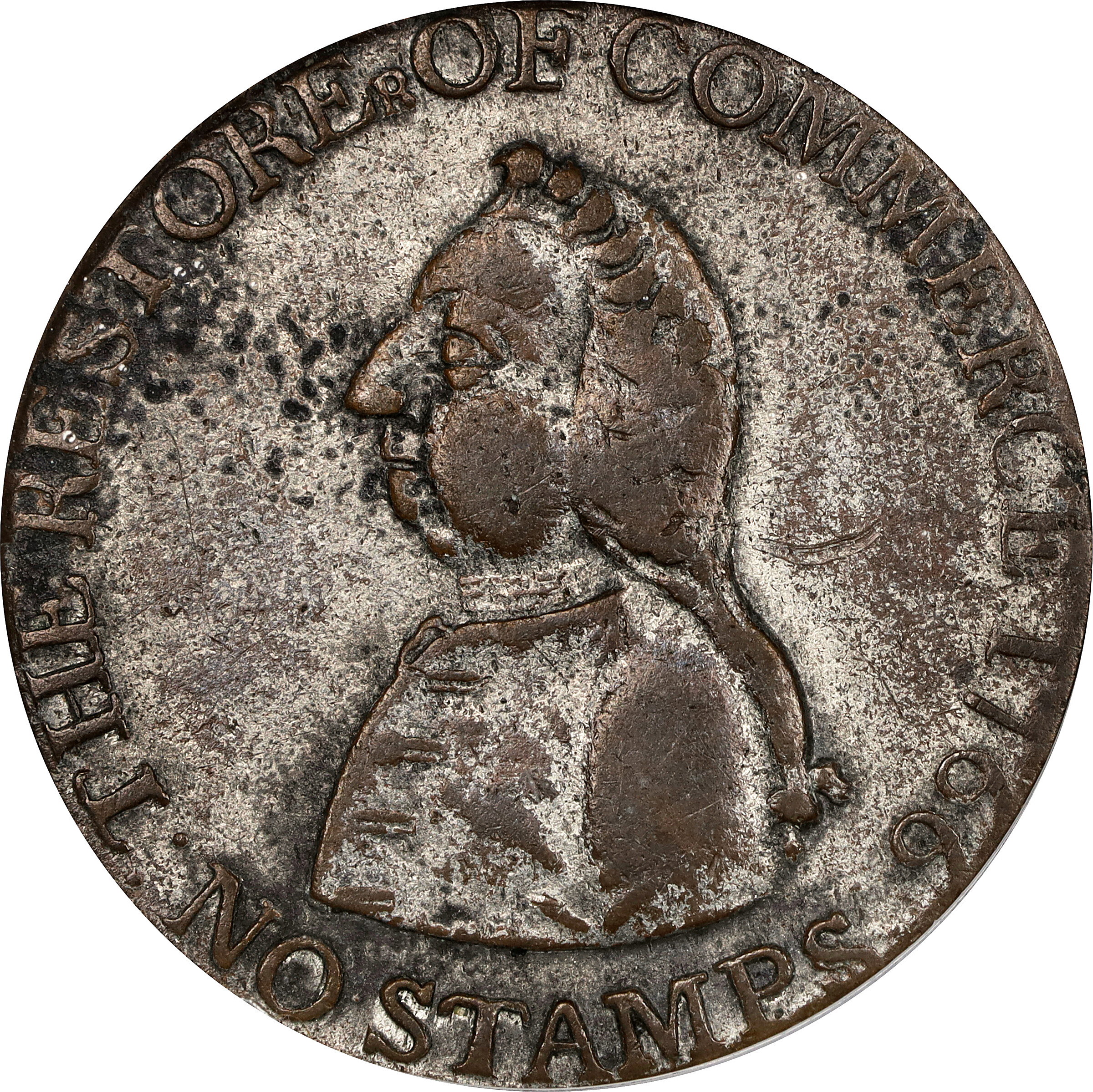 1766 Pitt Halfpenny Token. Betts-519, W-8350. Rarity-3. Silvered. VF-30 (PCGS).
