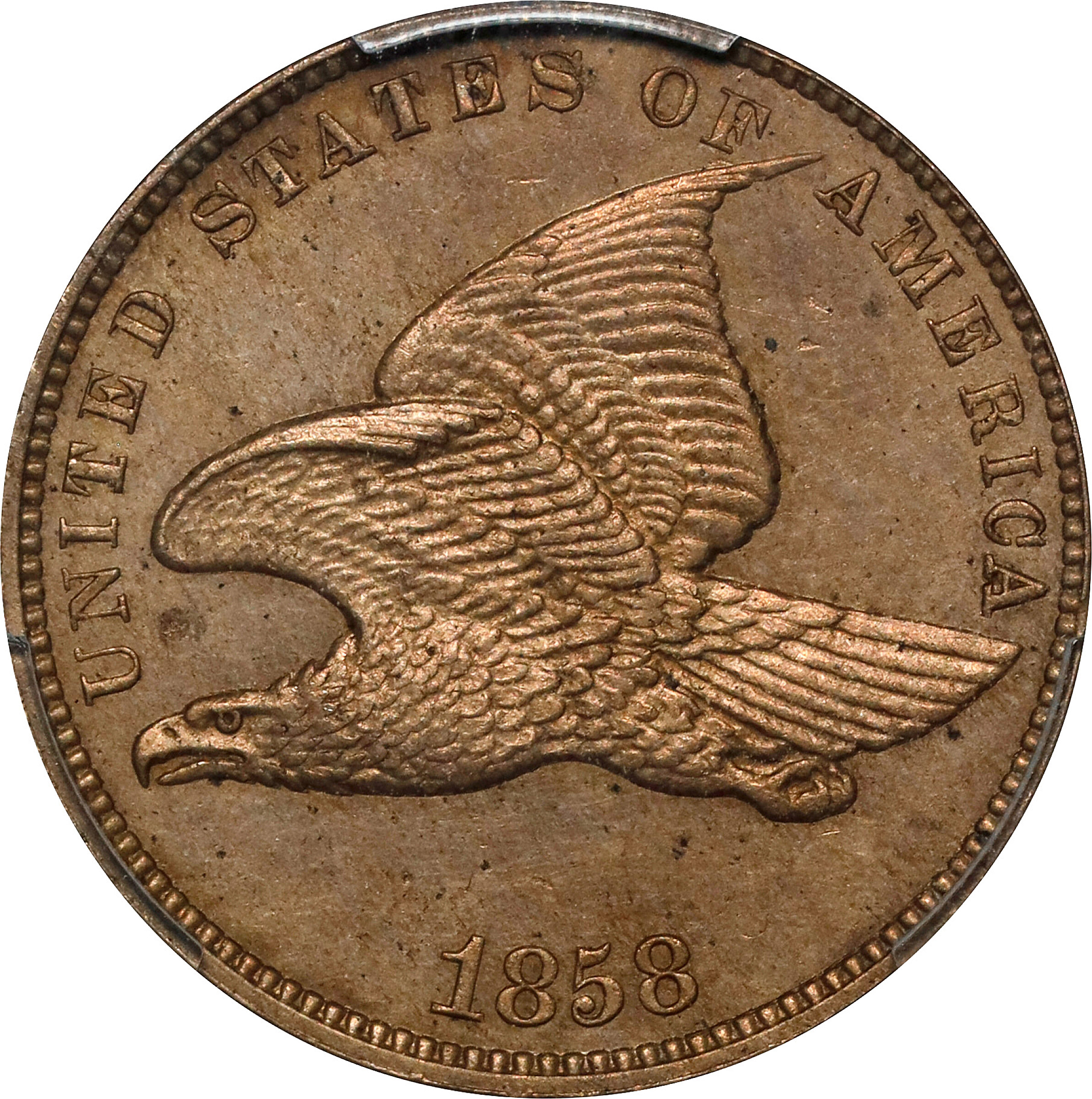 1858 Flying Eagle Cent. Snow-PR3. Rarity-5. Small Letters, Low Leaves (Style of 1858), Type III. Proof-62 (PCGS).
