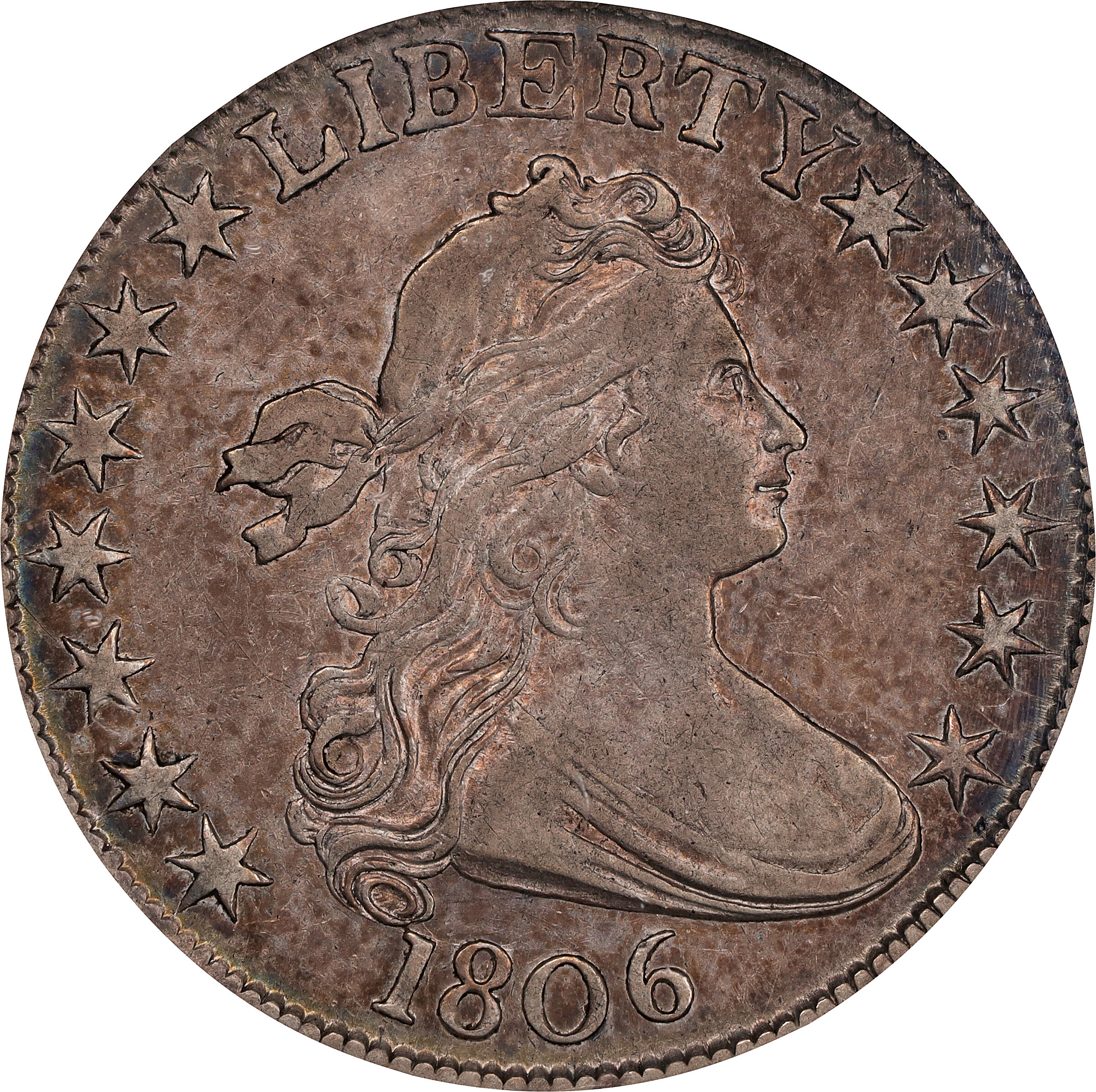 1806 Draped Bust Half Dollar. O-109, T-15. Rarity-1. Pointed 6, Stem Not Through Claw. AU-50 (NGC).