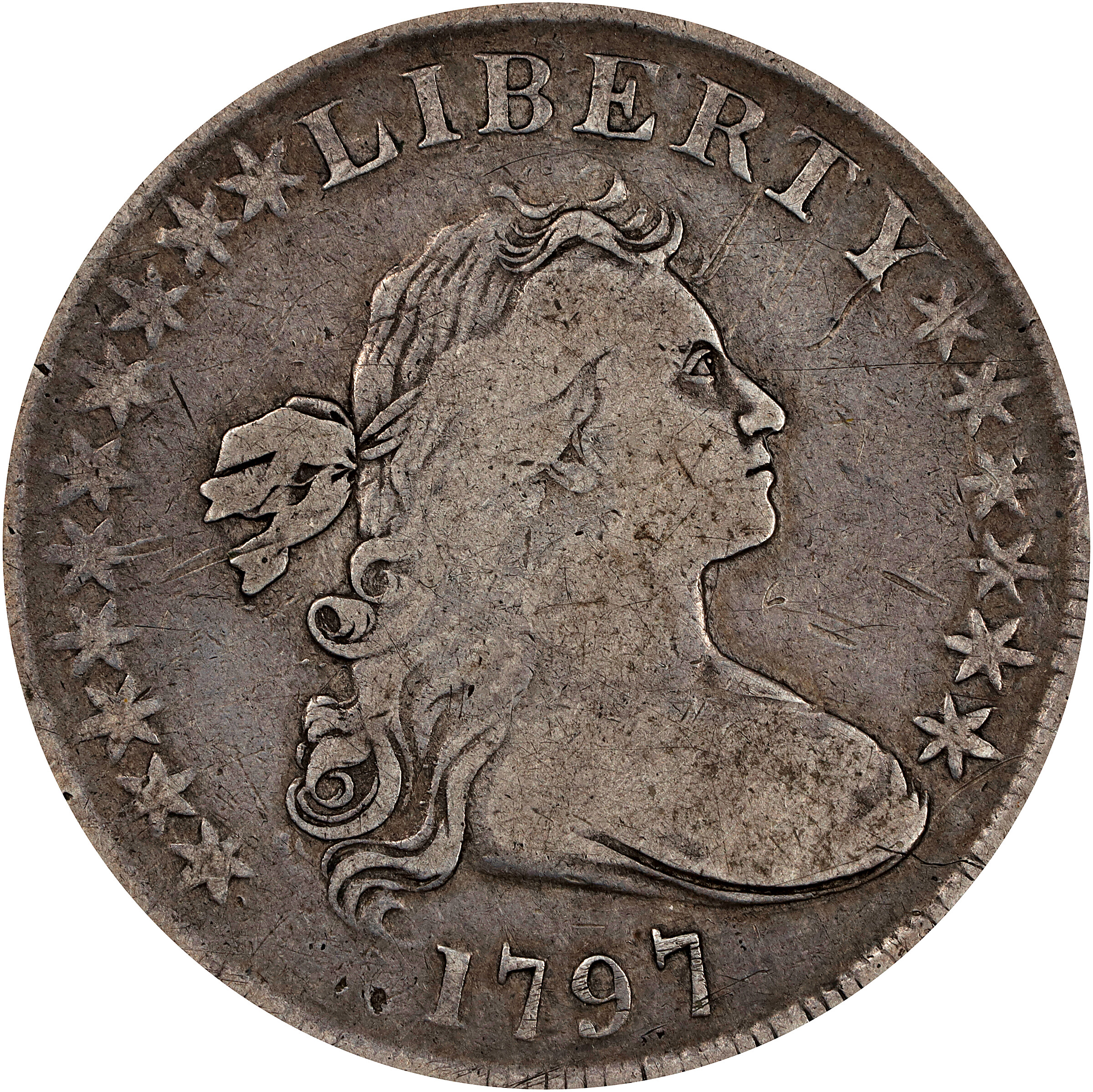 1797 Draped Bust Silver Dollar. BB-71, B-3. Rarity-2. Stars 10X6. Fine-12 (PCGS). CAC.