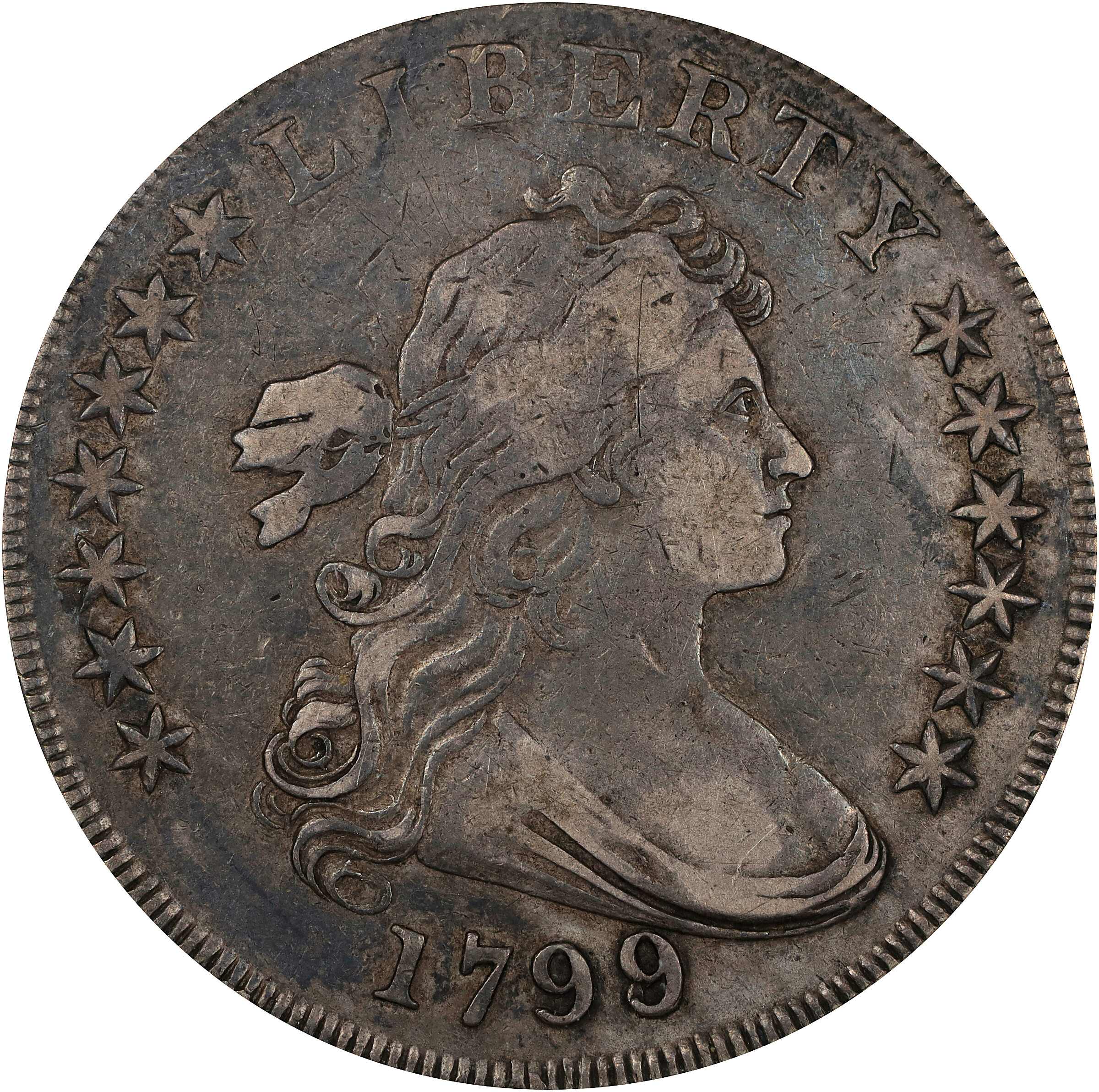 1799/8 Draped Bust Silver Dollar. BB-142, B-1. Rarity-4. 13-Star Reverse. VF-35 (NGC). CAC.