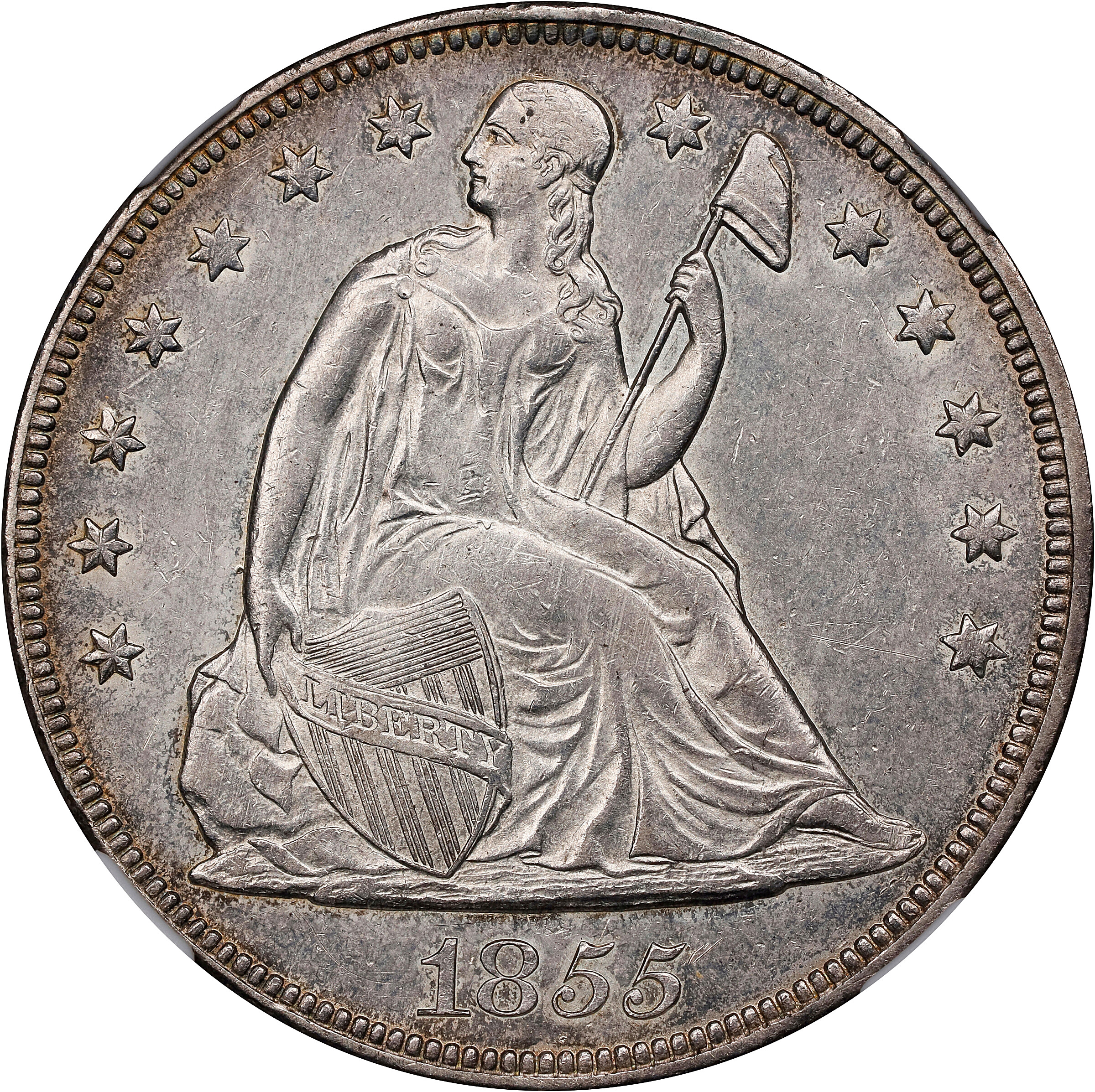 1855 Liberty Seated Silver Dollar. OC-1. Rarity-3+. Unc Details--Cleaned (NGC).