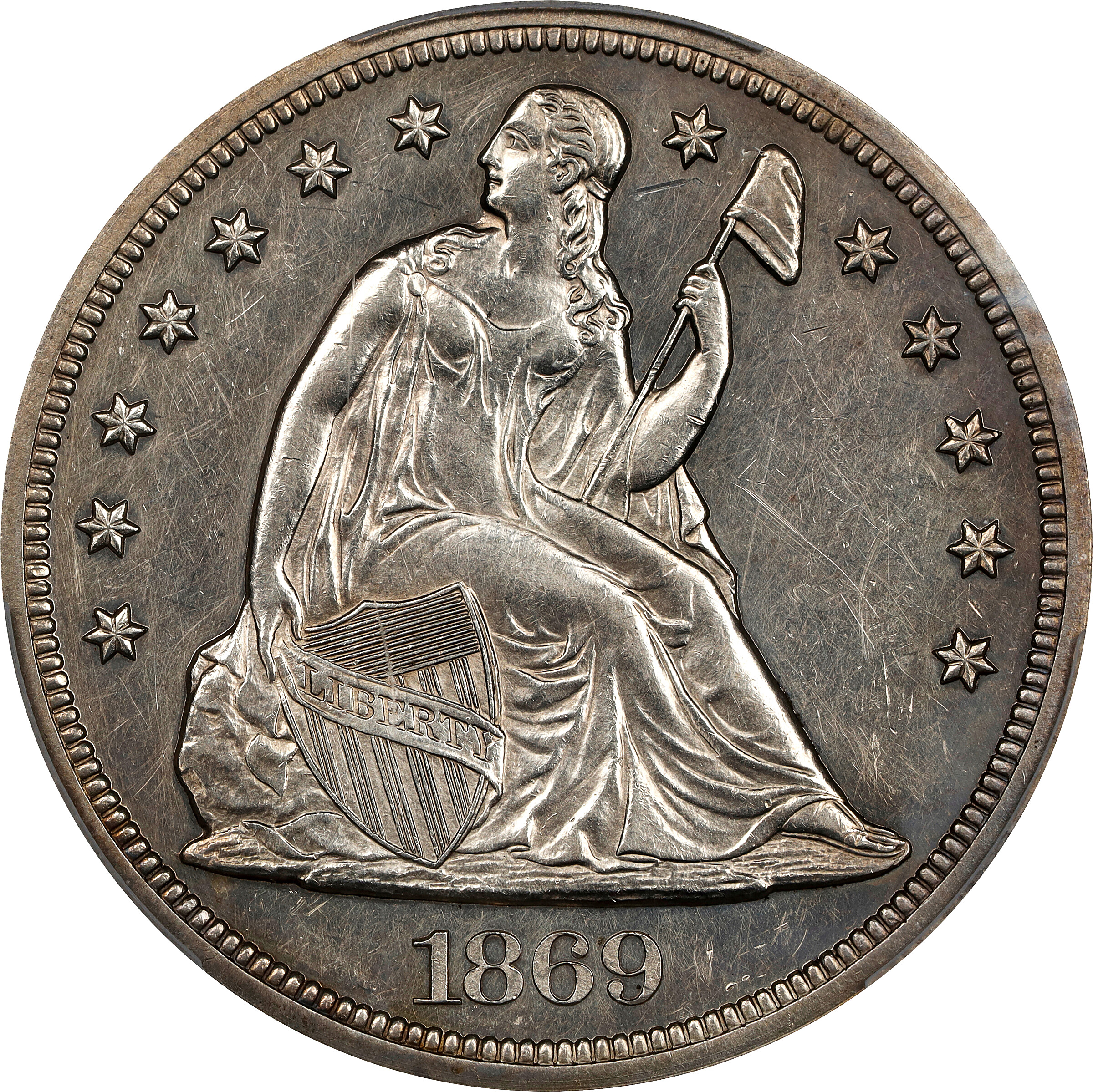 1869 Liberty Seated Silver Dollar. Proof-58 (PCGS).