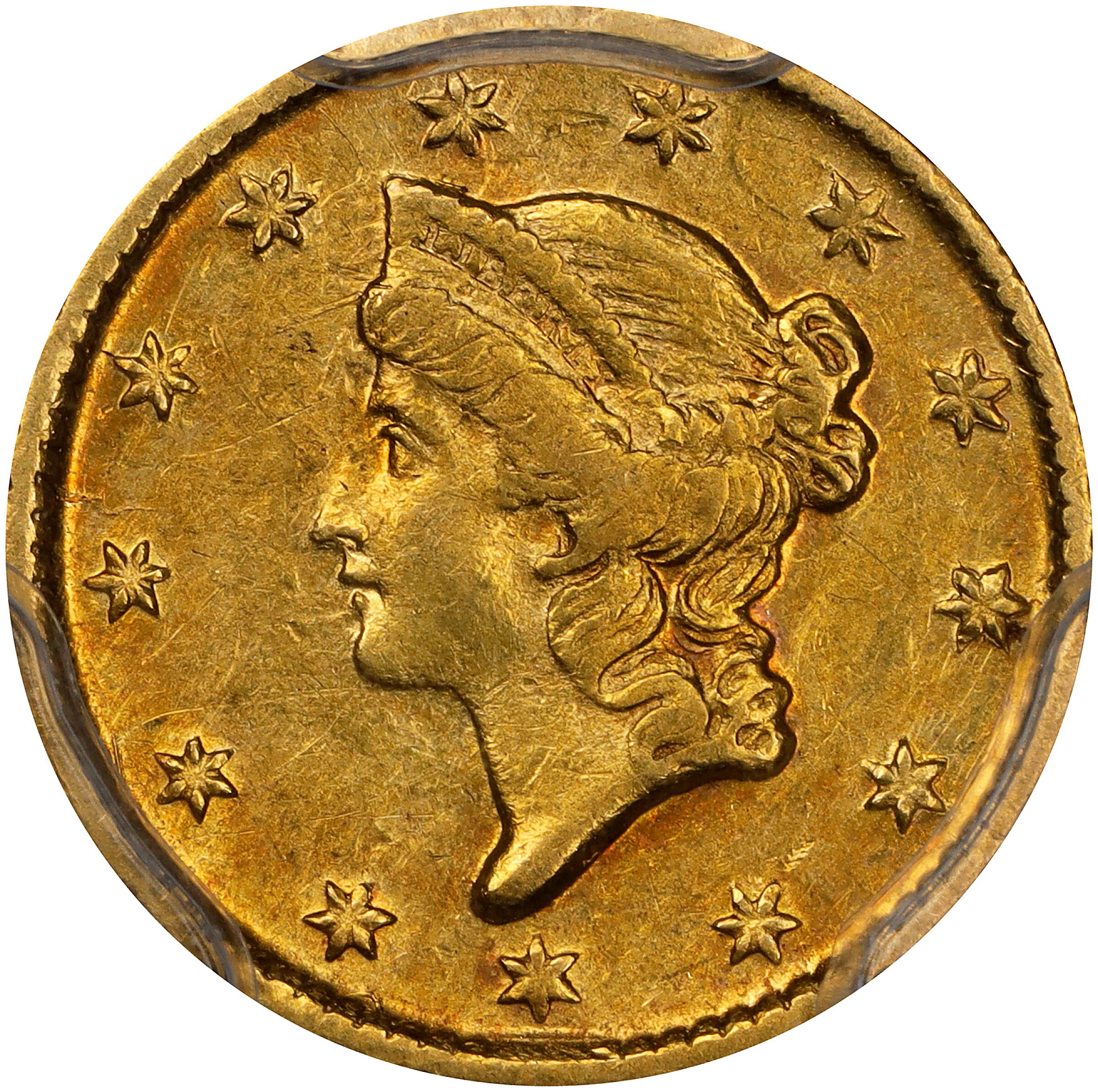 1852-D Gold Dollar. Winter 4-E, the only known dies. AU-53 (PCGS).