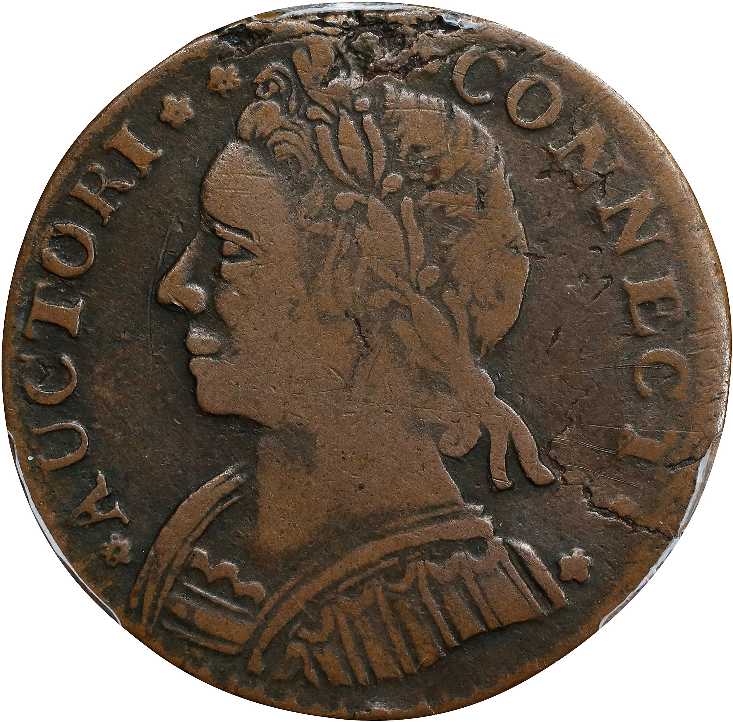 1787 Connecticut Copper. Miller 15-F, W-2900. Rarity-3. Mailed Bust Left, CONNECT. VF-30 (PCGS).