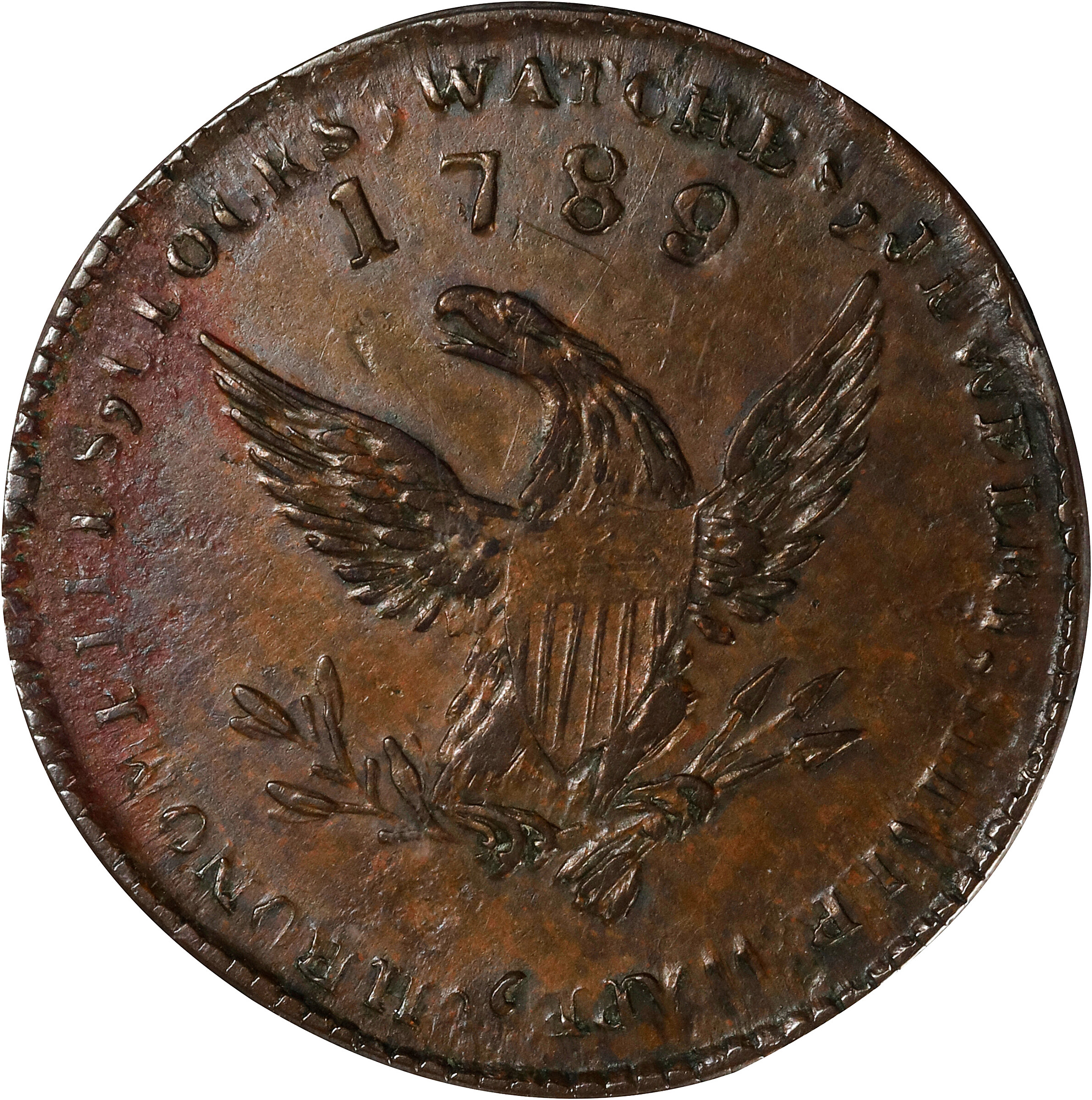 "1789" Mott Token. Breen-1022, Rulau-E NY 610. Thick Planchet. Plain Edge. AU-53 (PCGS).