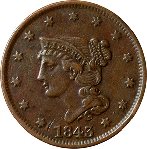 image for: 1843 Braided Hair Cent. N-11. Rarity-2. Petite Head, Small Letters. Extremely Fine, Cleaned.
