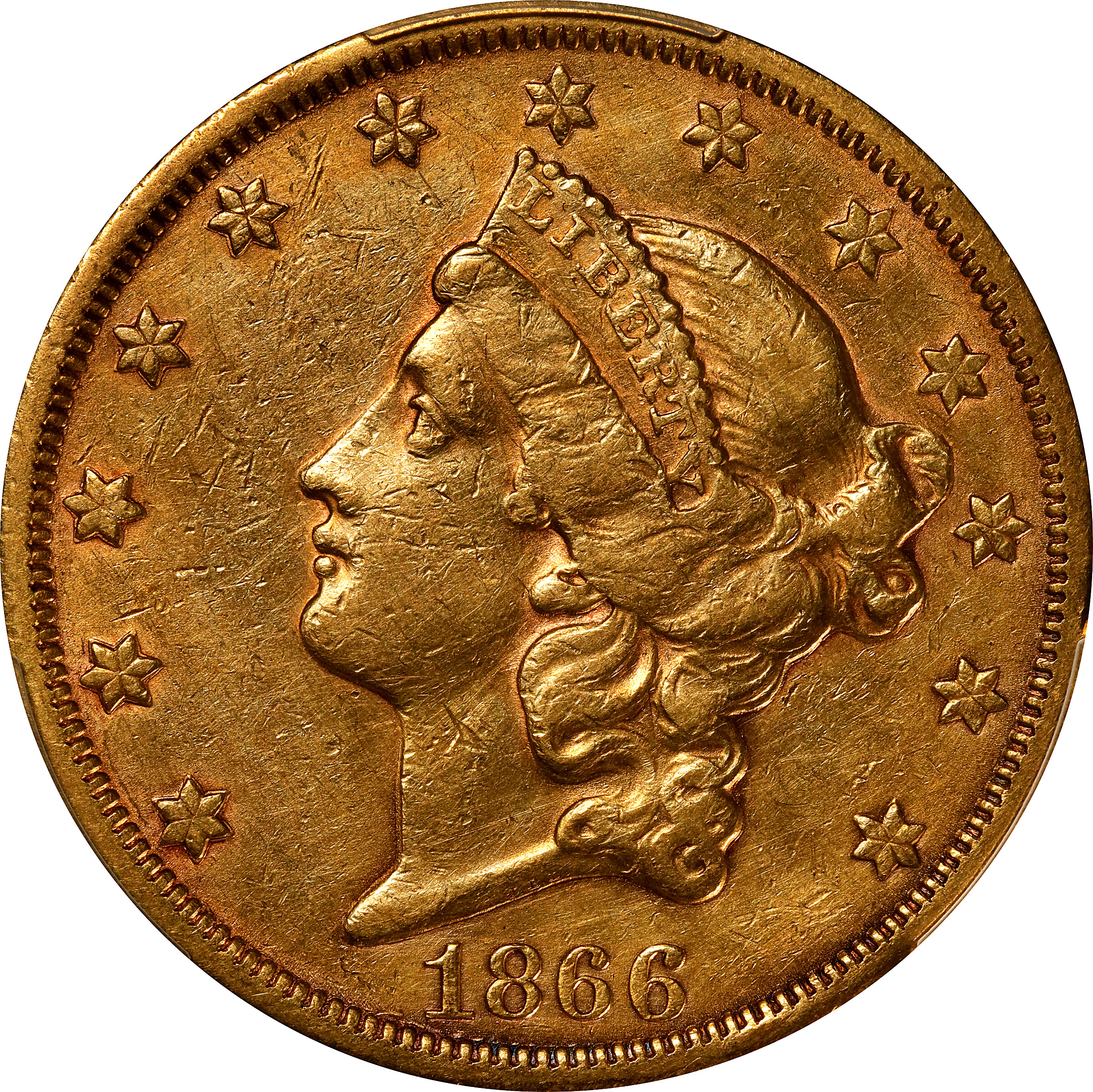 1866-S Liberty Head Double Eagle. Motto. EF Details--Harshly Cleaned (PCGS).