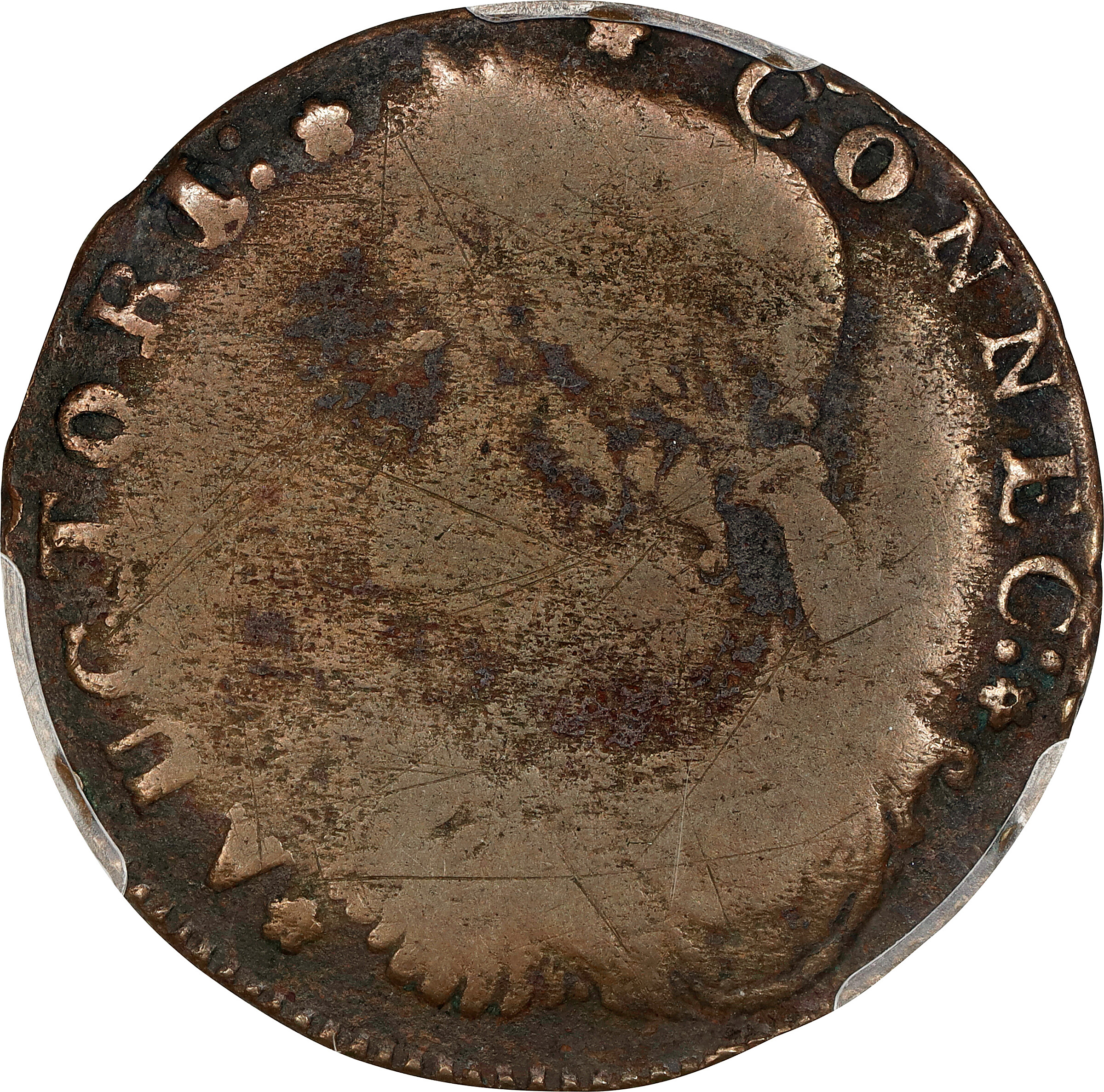 1787 Connecticut Copper. Miller 33.22-II, W-3705. Rarity-8+. Draped Bust Left. VG-8 (PCGS).