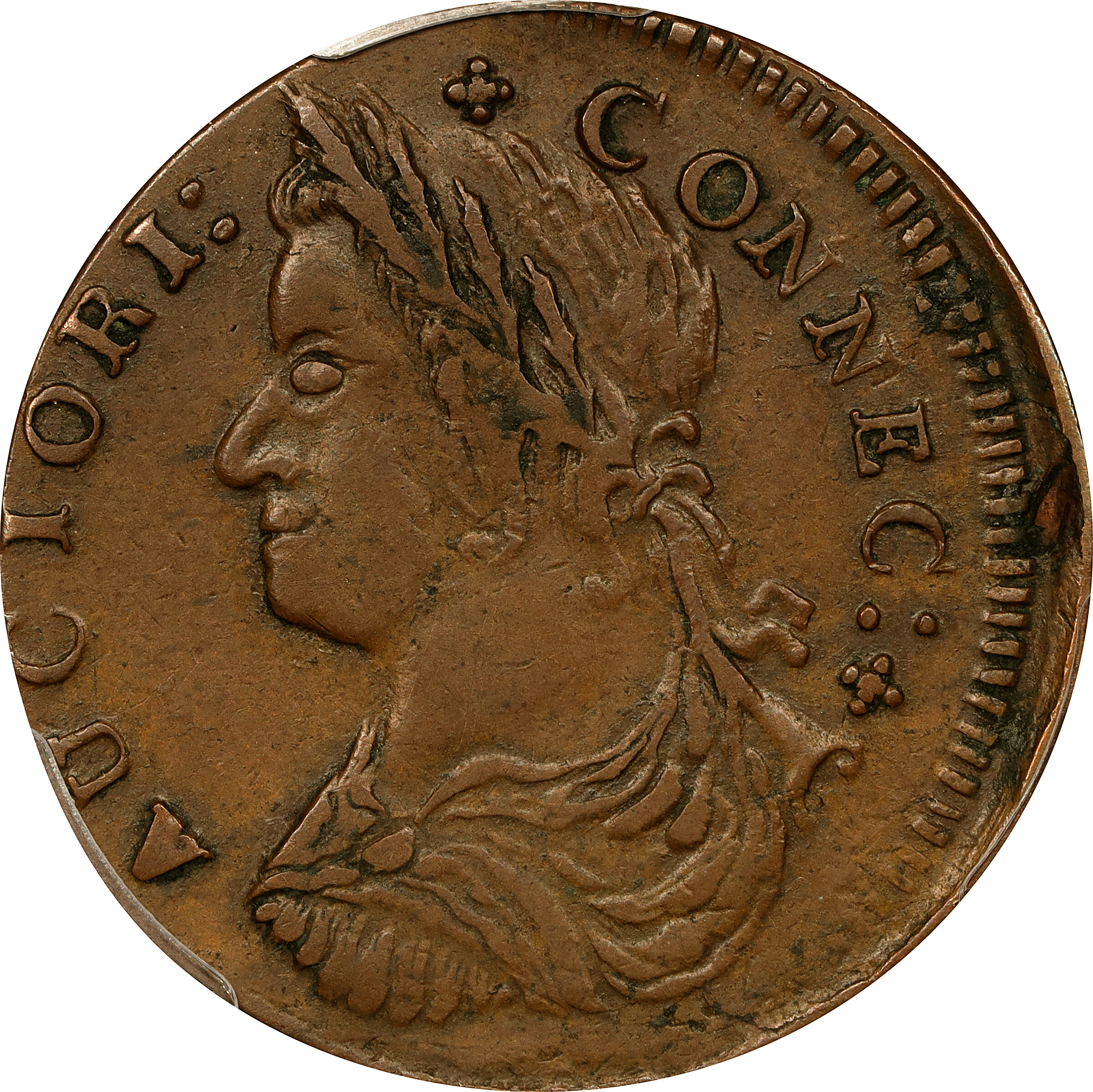 1787 Connecticut Copper. Miller 38-GG, W-4205. Rarity-4. Draped Bust Left, AUCIORI. EF-45 (PCGS).