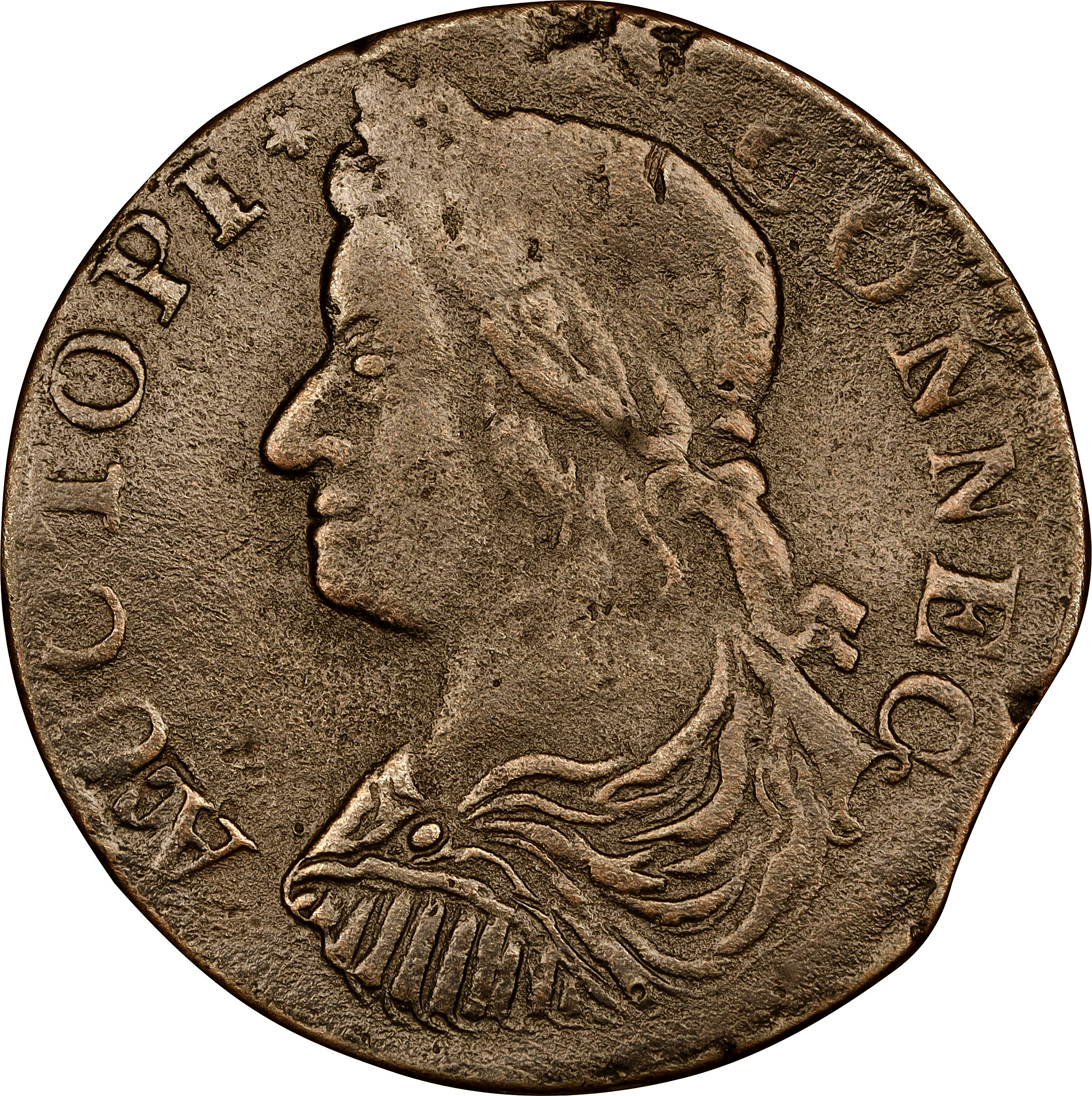 1787 Connecticut Copper Obverse Brockage. Miller 40. Type of W-4225-4230. Draped Bust Left, AUCTOPI. VF-35 (PCGS).