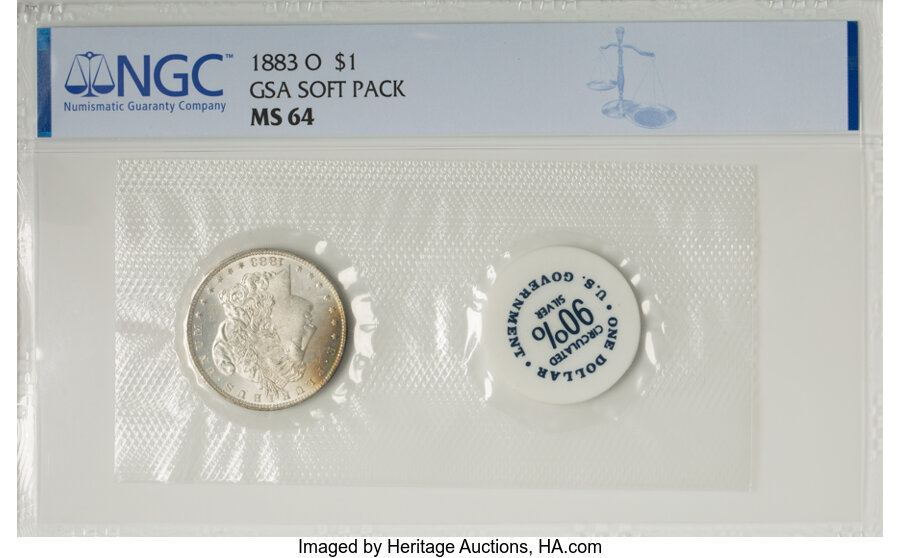1883-O $1 GSA Soft Pack, MS64 NGC. Blue Envelope Included. NGC Census: (54571/12807). PCGS Population: (49112/11545). CDN: ...