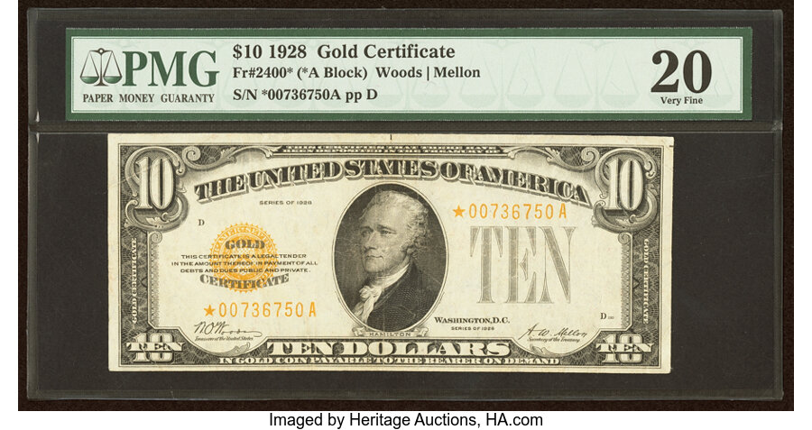Fr. 2400* $10 1928 Gold Certificate Star. PMG Very Fine 20....