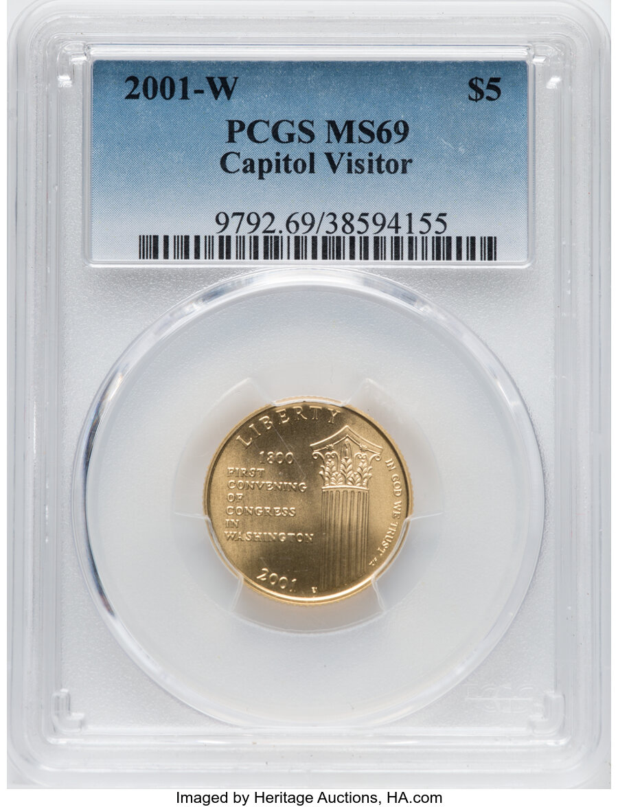 2001-W $5 Capitol Visitors Center Gold Five Dollar MS69 PCGS. PCGS Population: (2945/310). NGC Census: (923/1182). CDN: $48...