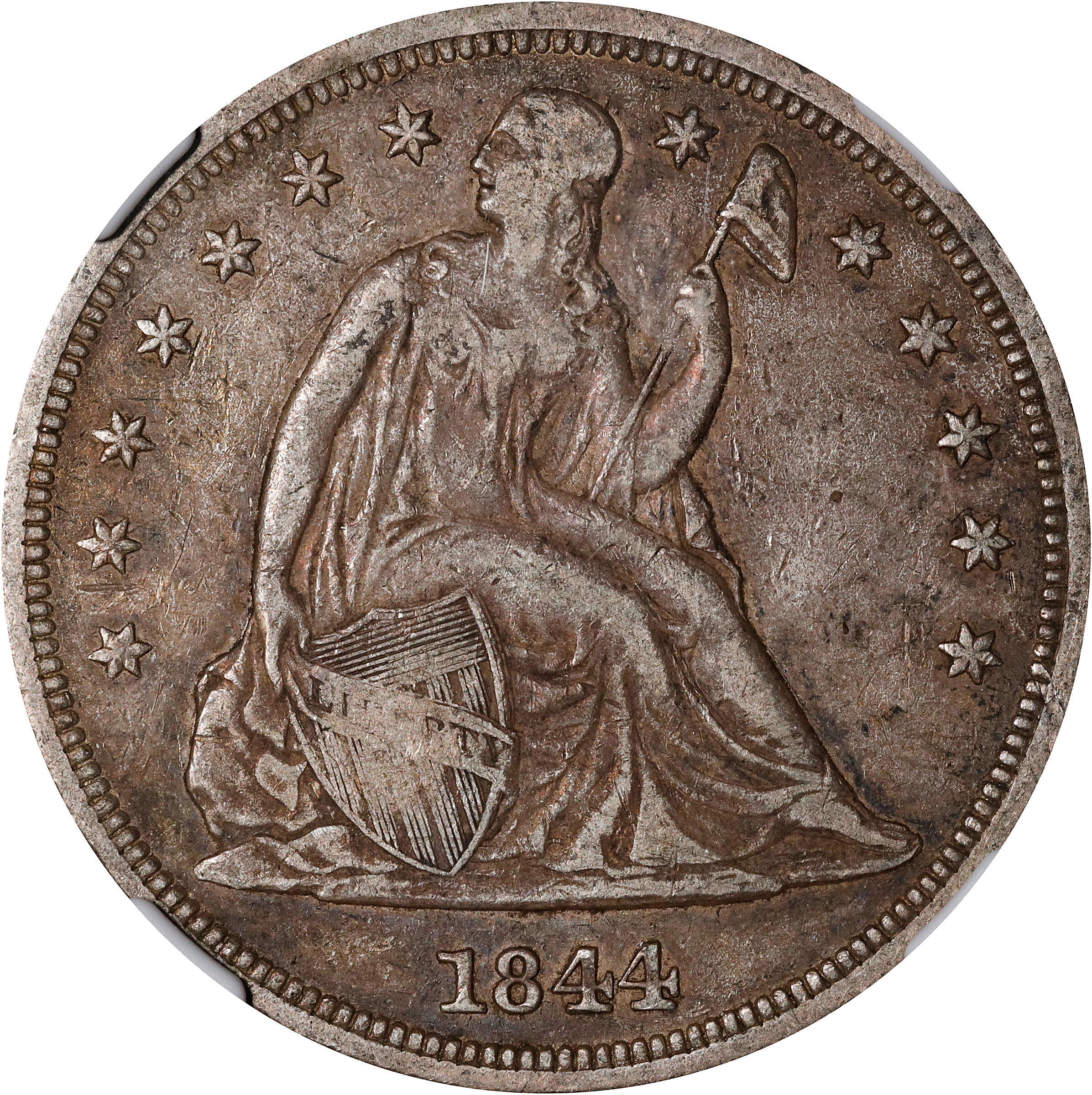 1844 Liberty Seated Silver Dollar. OC-1. Rarity-2. VF-30 (NGC).