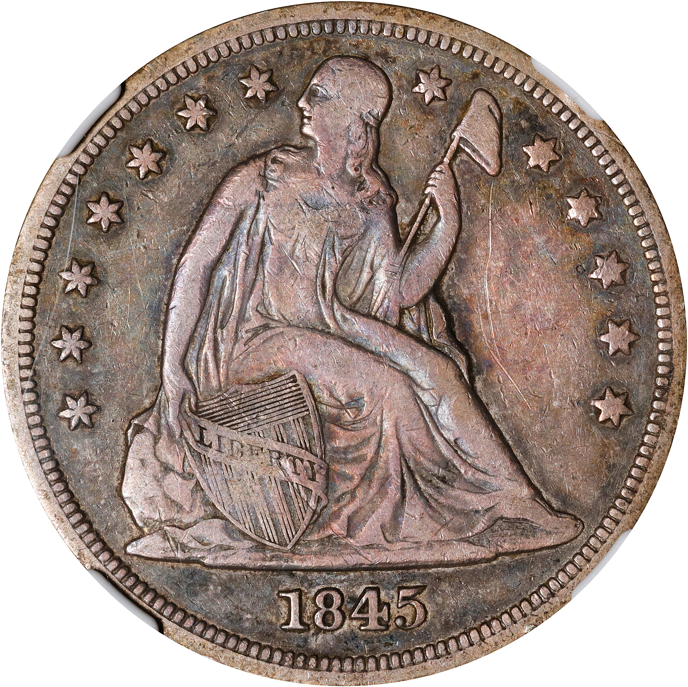 1845 Liberty Seated Silver Dollar. OC-1. Rarity-2. VF-30 (NGC).