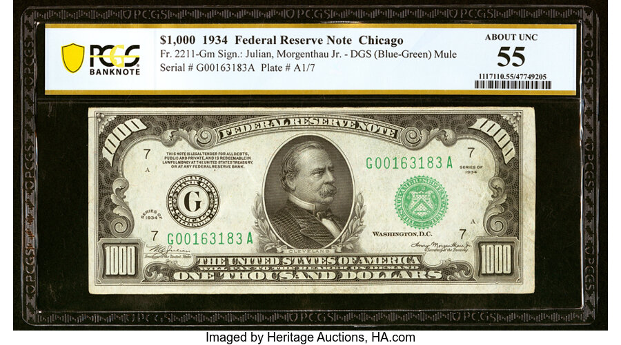 Fr. 2211-G $1,000 1934 Mule Federal Reserve Note. PCGS Banknote About Unc 55....