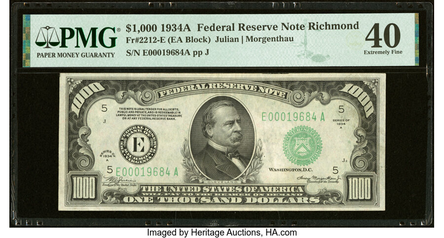 Fr. 2212-E $1,000 1934A Federal Reserve Note. PMG Extremely Fine 40....