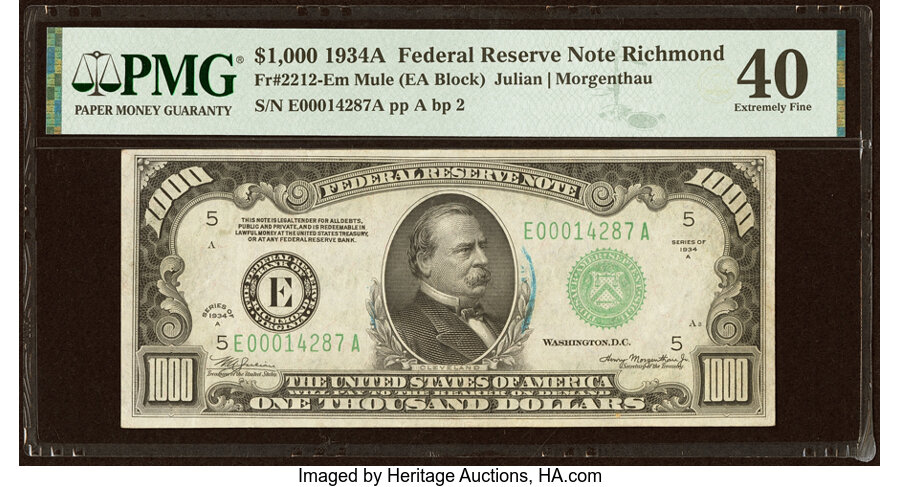 Fr. 2212-E $1,000 1934A Mule Federal Reserve Note. PMG Extremely Fine 40....