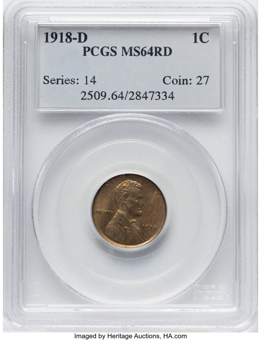 1918-D 1C MS64 Red PCGS. PCGS Population: (128/47). NGC Census: (30/9). CDN: $800 Whsle. Bid for NGC/PCGS MS64. Mintage 47,...