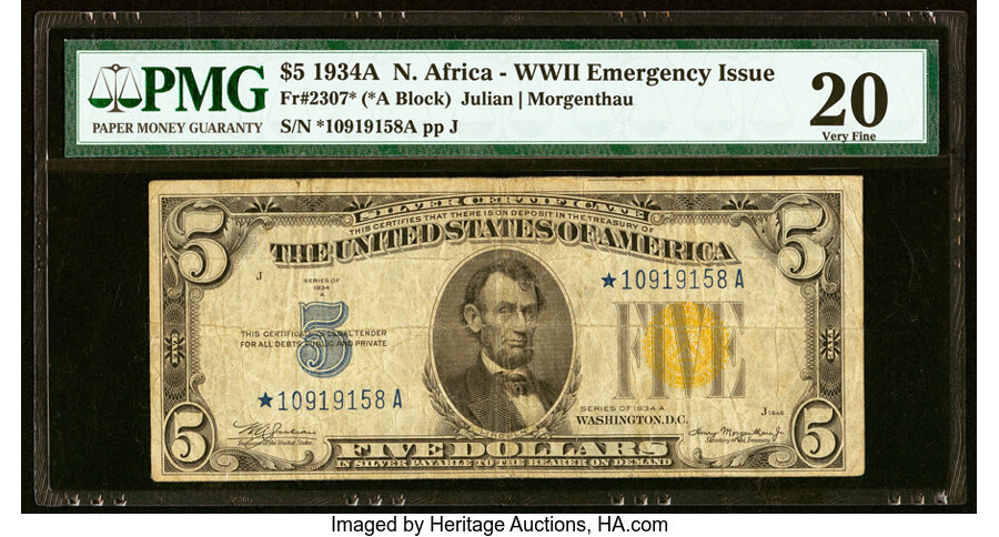 Fr. 2307* $5 1934A North Africa Silver Certificate Star. PMG Very Fine 20....