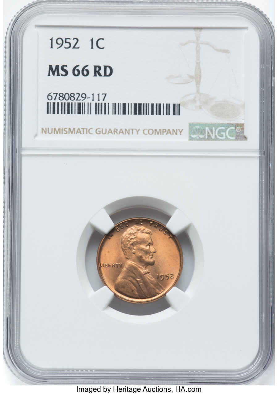 1952 1C MS66 Red NGC. NGC Census: (1128/99). PCGS Population: (765/38). CDN: $75 Whsle. Bid for NGC/PCGS MS66. Mintage 186,...